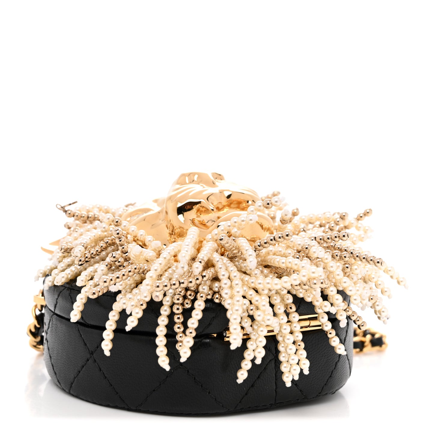 Lambskin Pearl Crystal Lion Round Minaudiere Clutch Black Gold