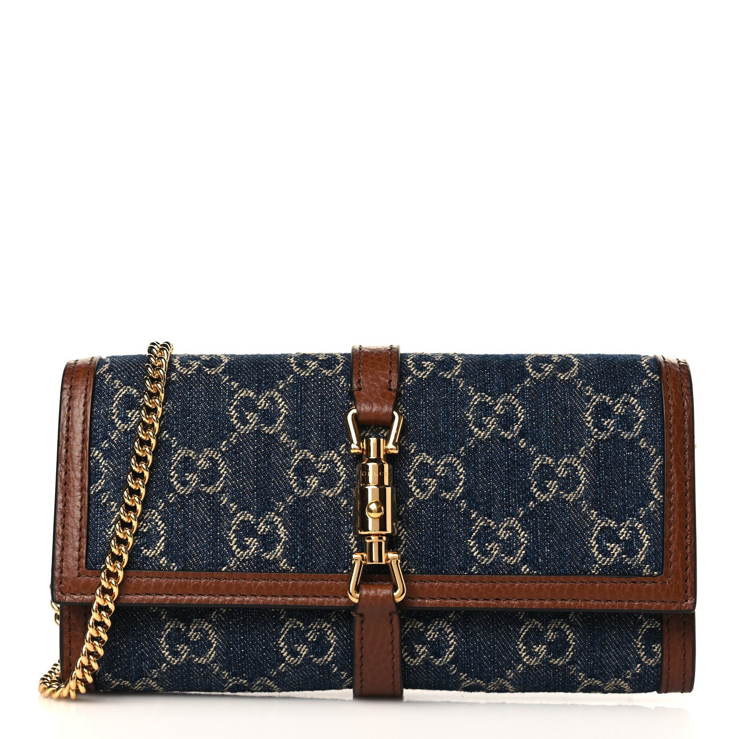 Gucci New Denim GG Monogram Jackie 1961 Chain Wallet Blue Tea Cuir 1 of 9