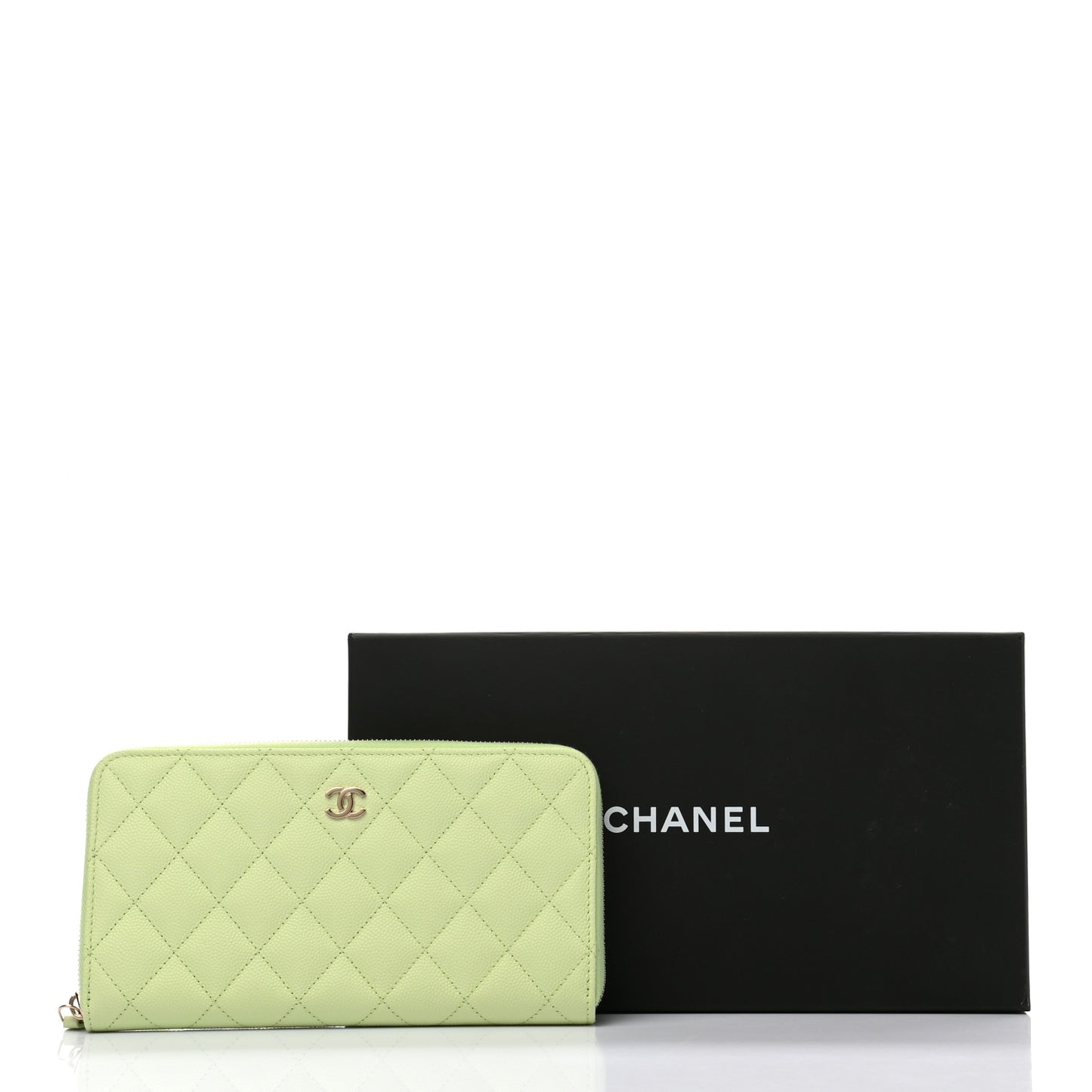 Caviar Quilted Large Gusset Zip Around Wallet Light Green