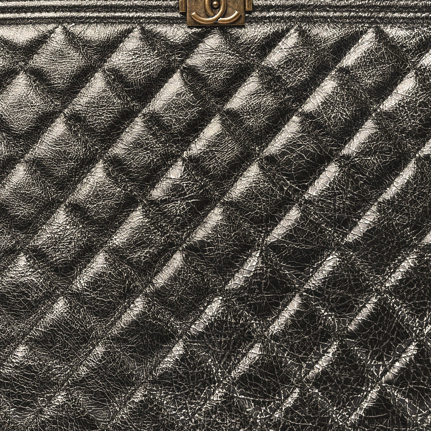 Cracked Metallic Calfskin Quilted Large Boy Cosmetic Case Dark Silver