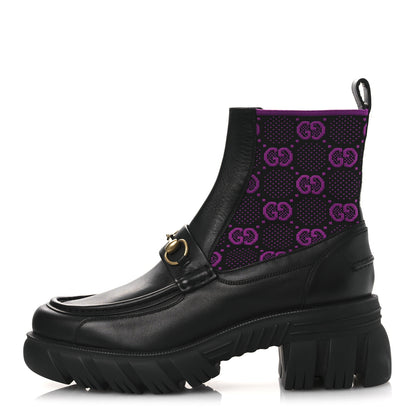 Gucci Quebec Calfskin Technical Jersey Knit GG Monogram Horsebit Ankle Boots 42 Black Fucsia 1 of 14