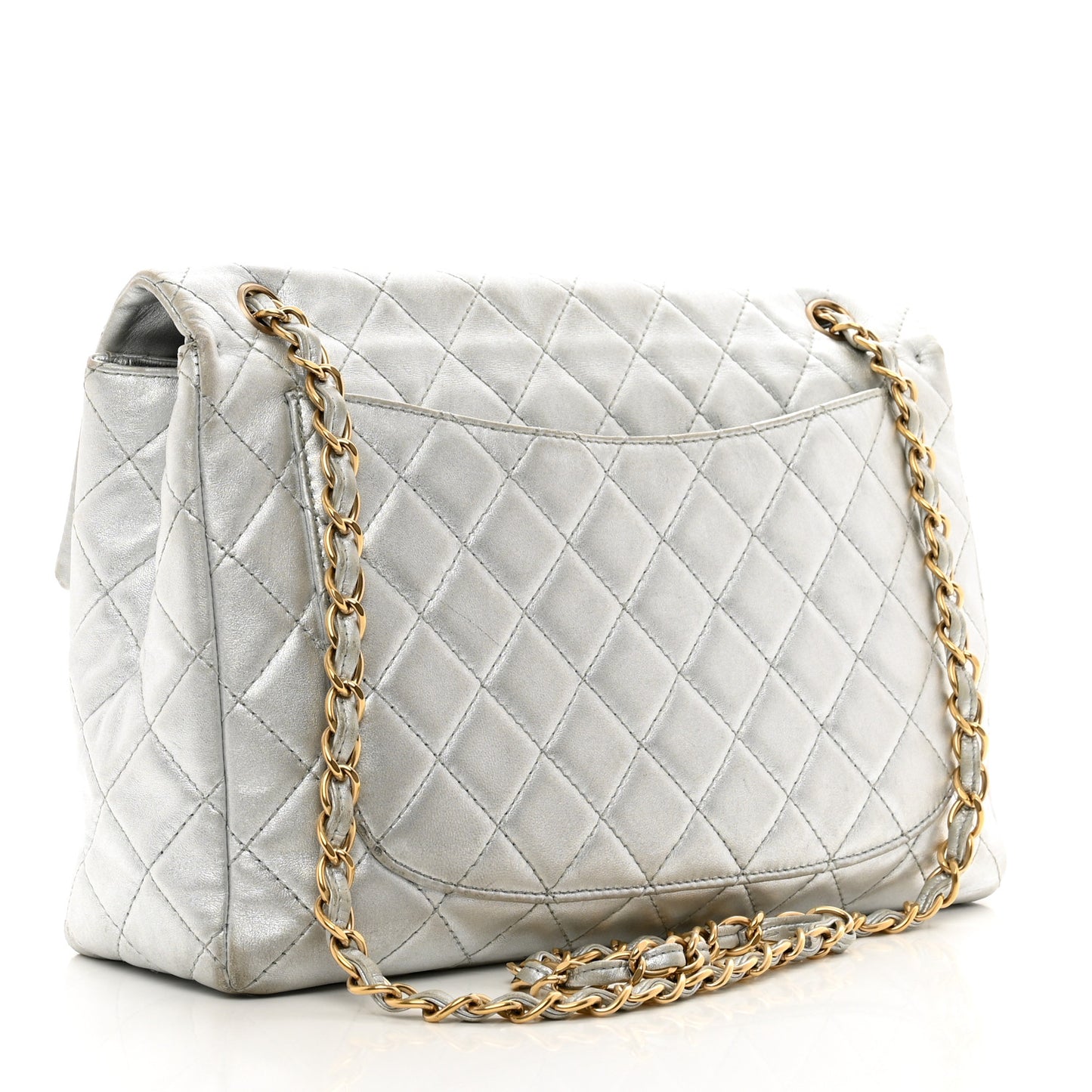 Metallic Lambskin Quilted Maxi Single Flap Silver