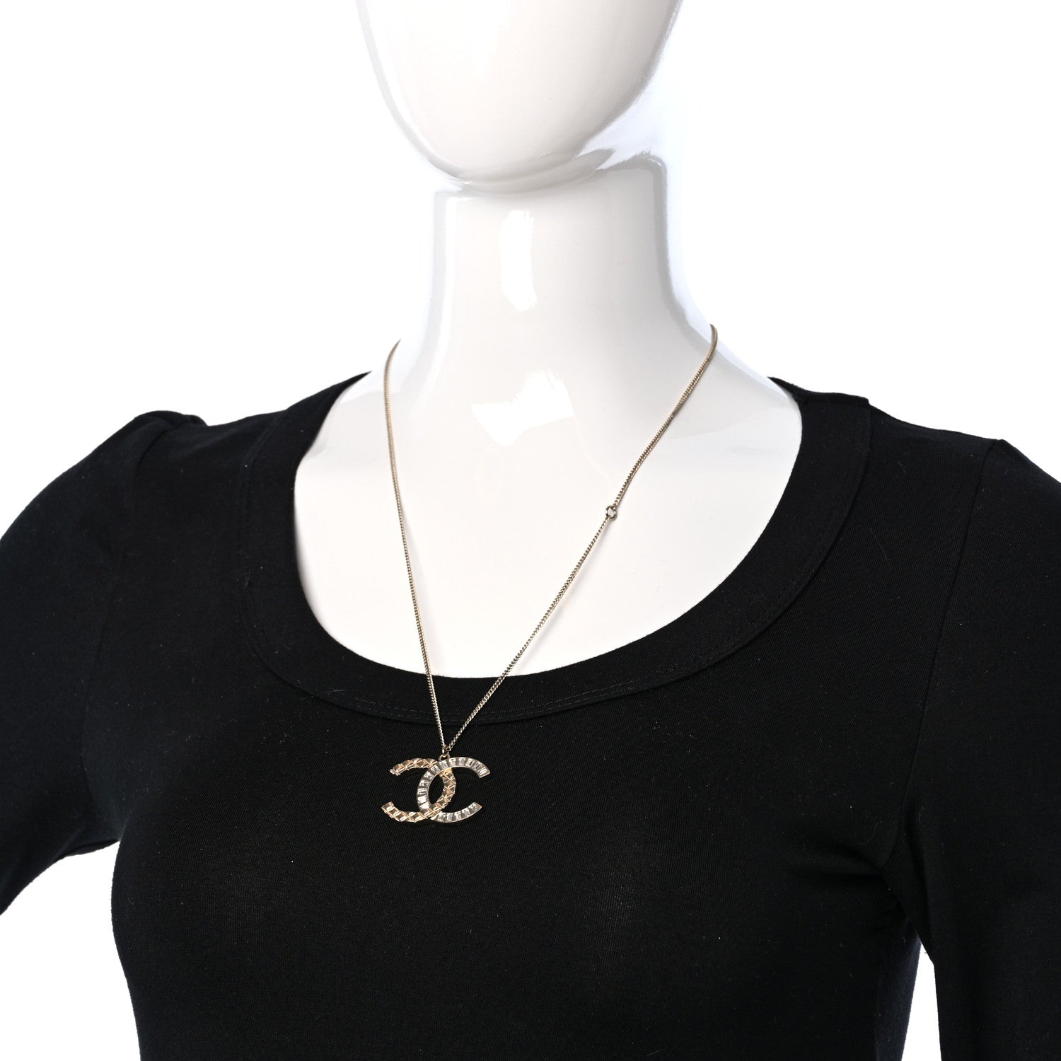 Chanel Metal Baguette Crystal Large CC Necklace Light Gold 1 of 4