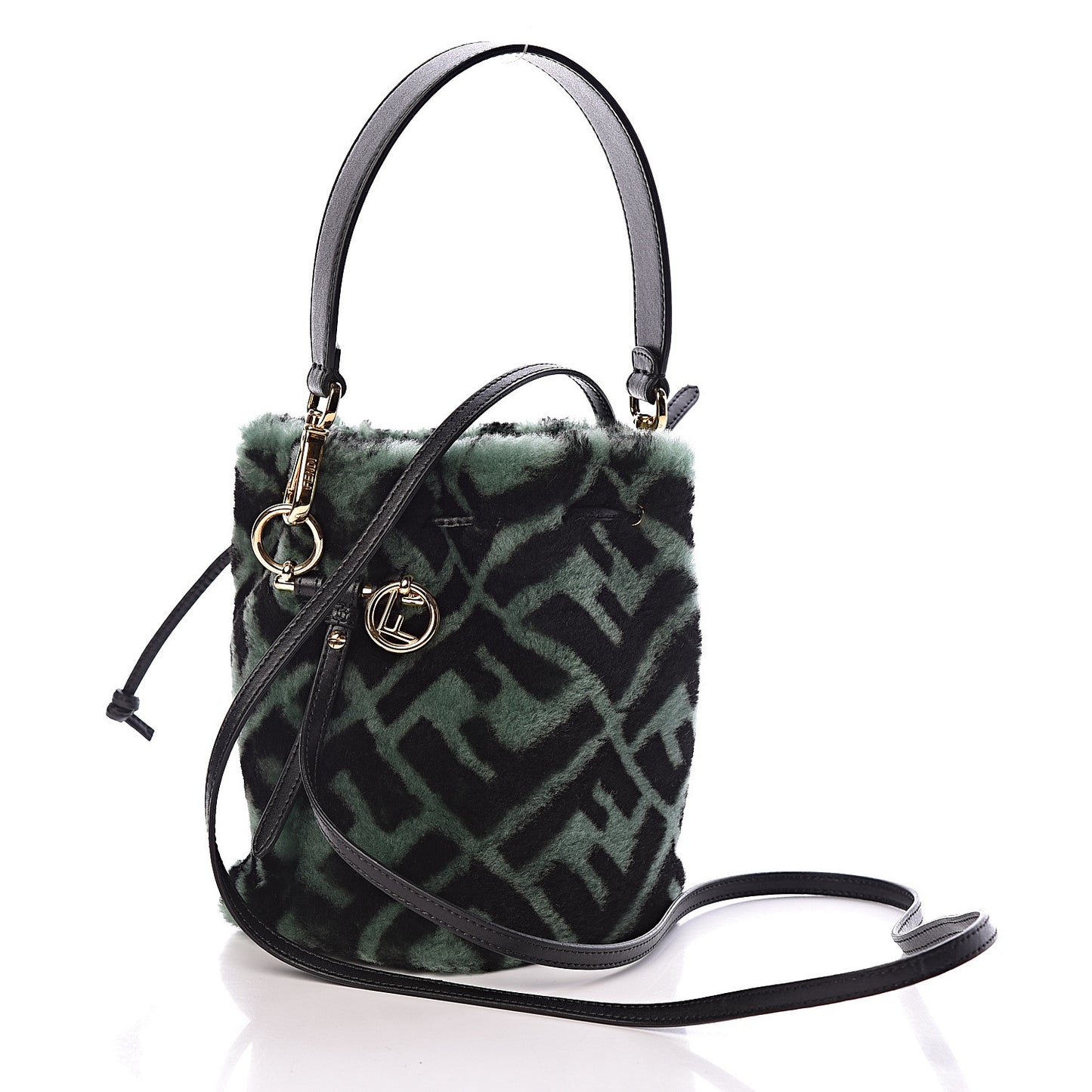 Shearling F is Macro FF 1974 Diagonal Mini Mon Tresor Bucket Bag Green Black