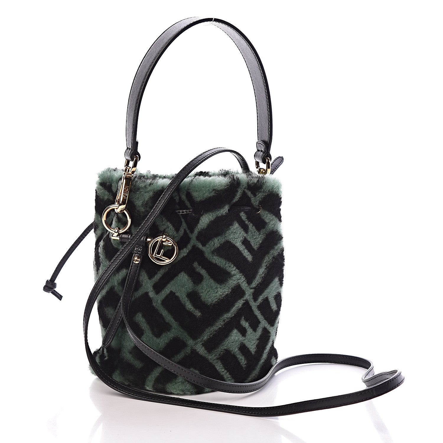 Fendi Shearling F is Macro FF 1974 Diagonal Mini Mon Tresor Bucket Bag Green Black 3 of 11
