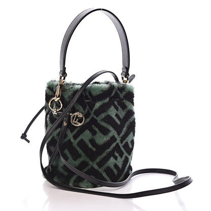 Fendi Shearling F is Macro FF 1974 Diagonal Mini Mon Tresor Bucket Bag Green Black 3 of 11