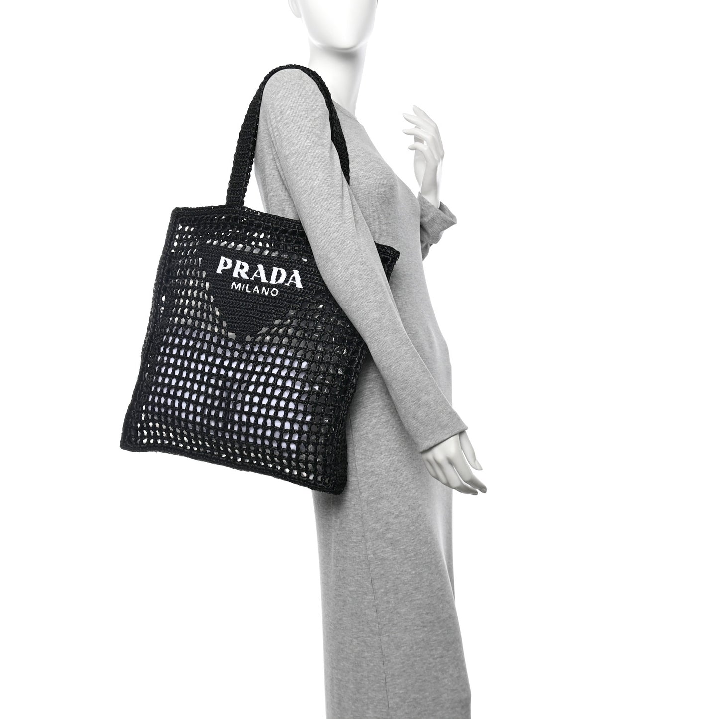 Yarn Raffia Effect Crochet Logo Embroidered Tote Bag Black