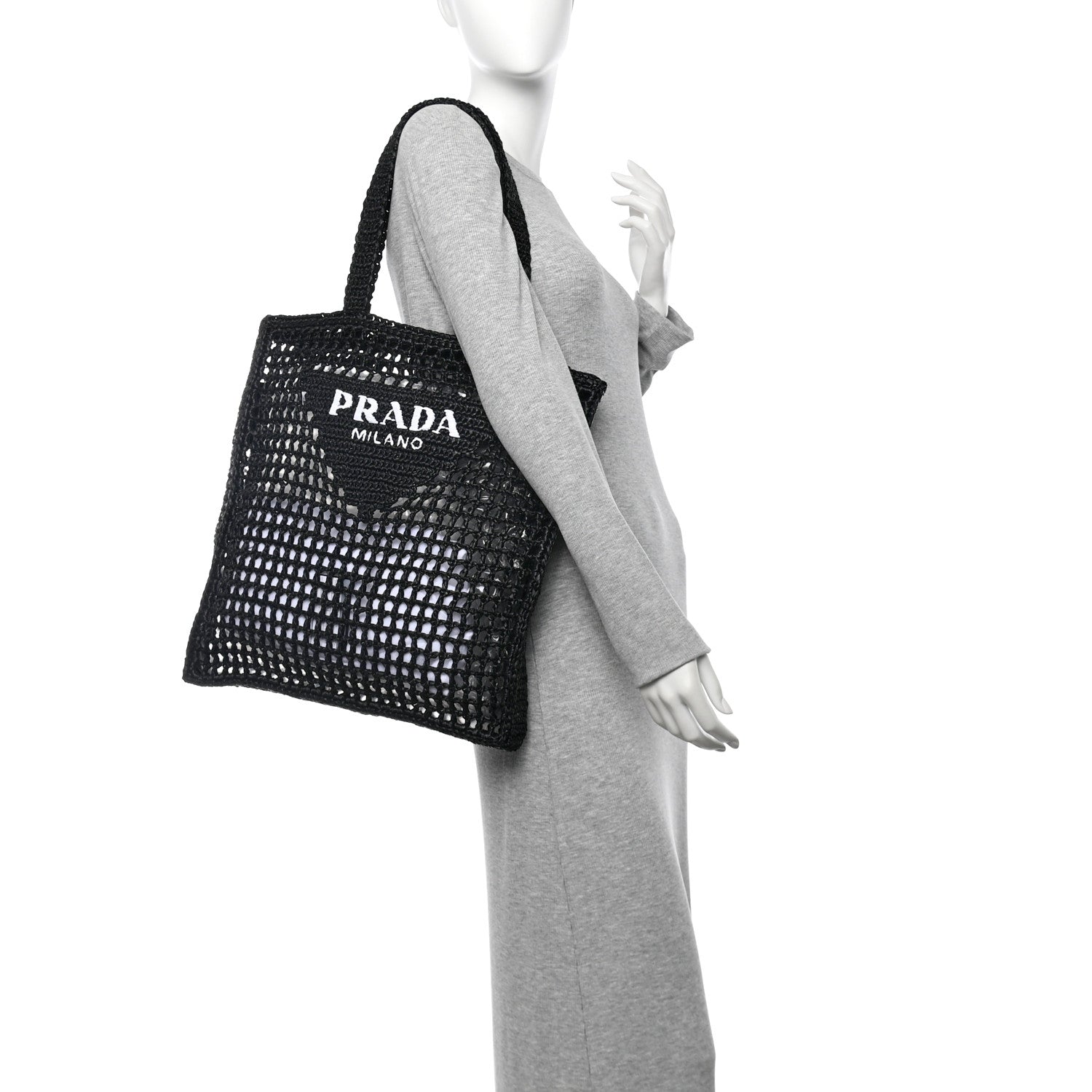 Prada Yarn Raffia Effect Crochet Logo Embroidered Tote Bag Black 2 of 9