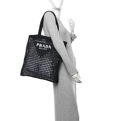 Prada Yarn Raffia Effect Crochet Logo Embroidered Tote Bag Black 2 of 9