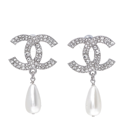 Chanel Crystal Pearl CC Drop Darling Bows Earrings Silver Pearly White 1 of 4