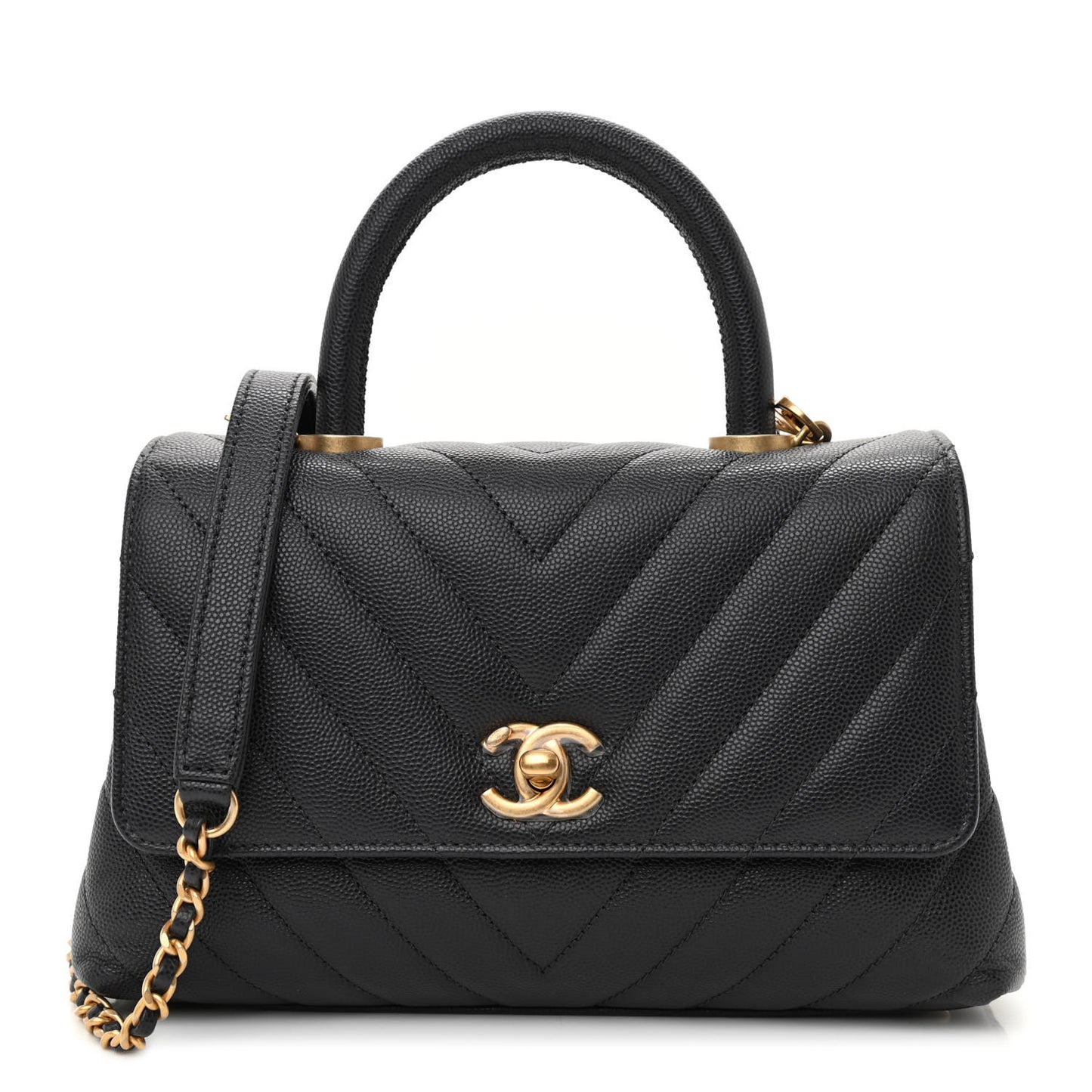 Caviar Chevron Quilted Mini Coco Handle Flap Dark Grey