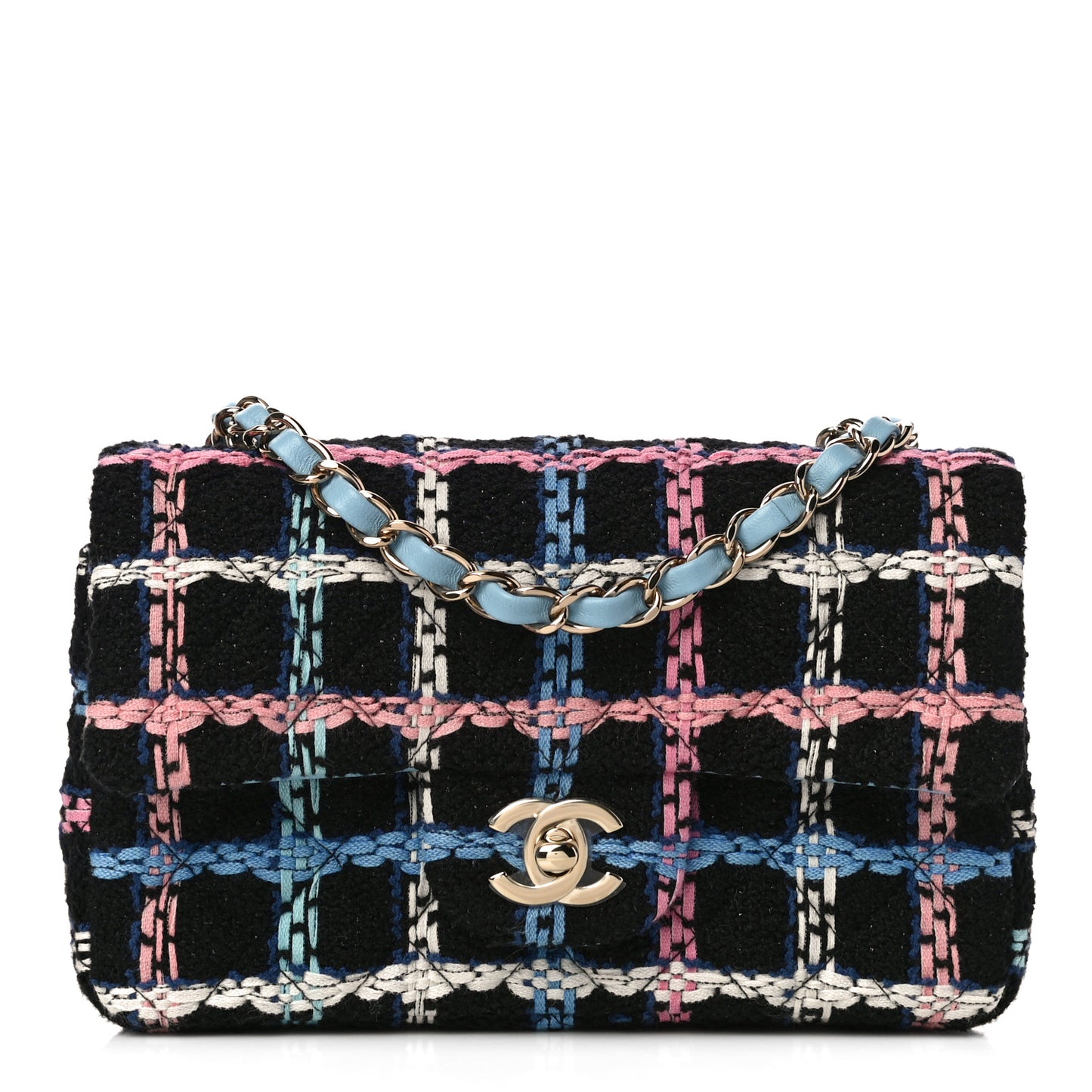 Tweed Quilted Mini Rectangular Flap Black Pink Blue Ecru