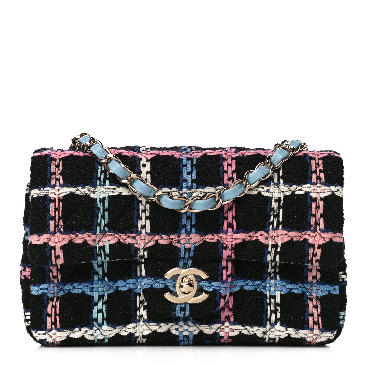 Chanel Tweed Quilted Mini Rectangular Flap Black Pink Blue Ecru 1 of 11