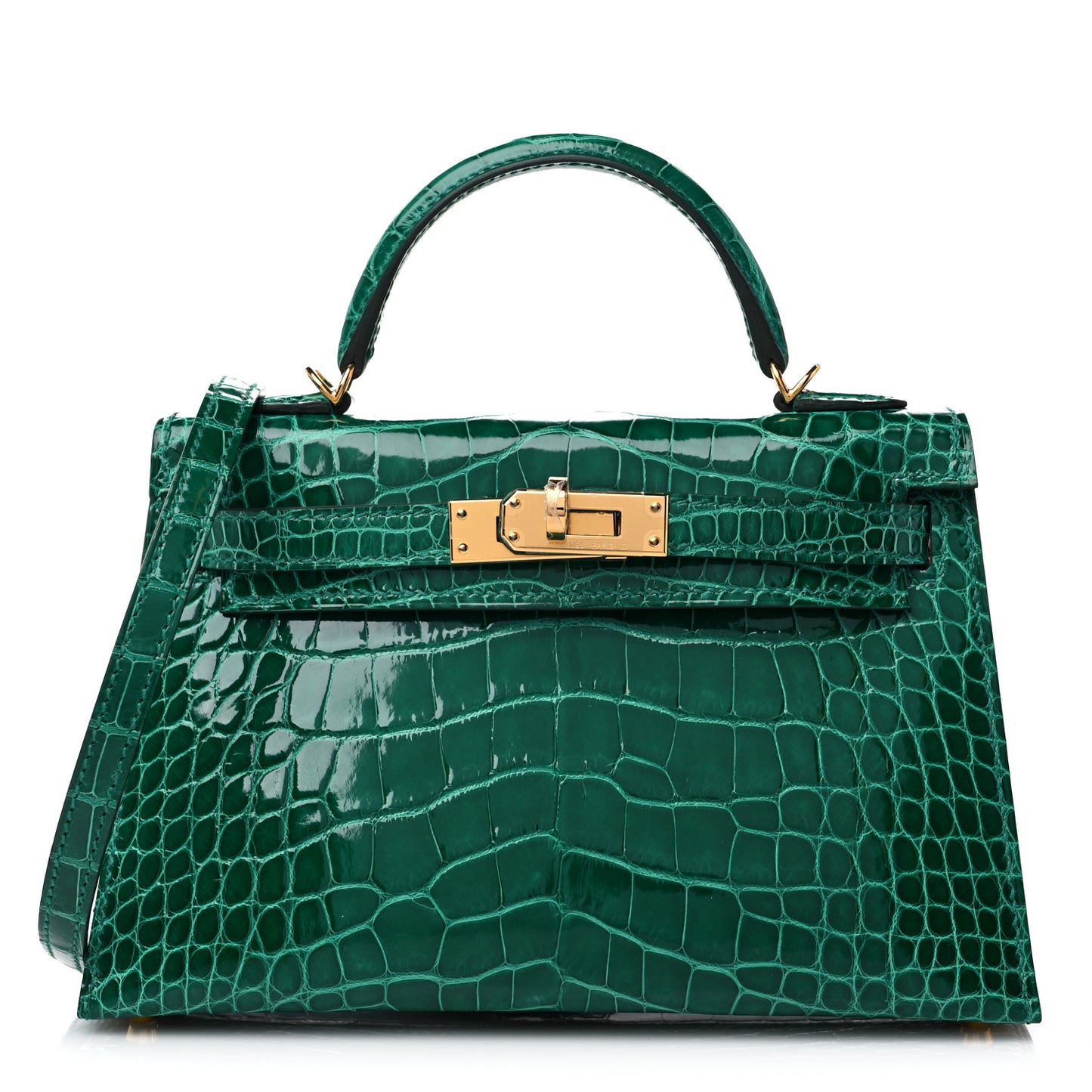Shiny Alligator Mini Kelly Sellier 20 Vert Emeraude