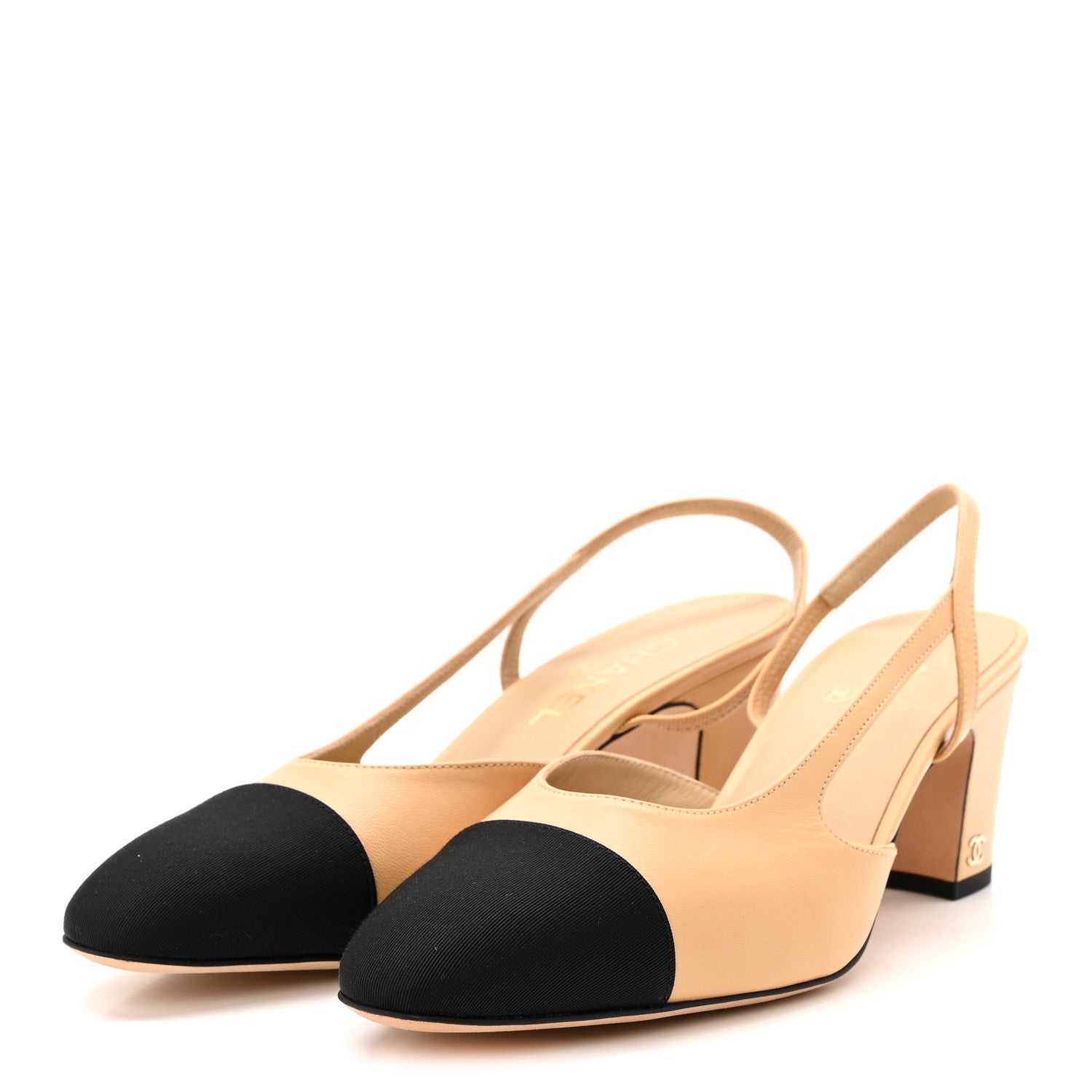 Chanel Goatskin Grosgrain Cap Toe CC Slingback Pumps 41 Beige Black 4 of 10
