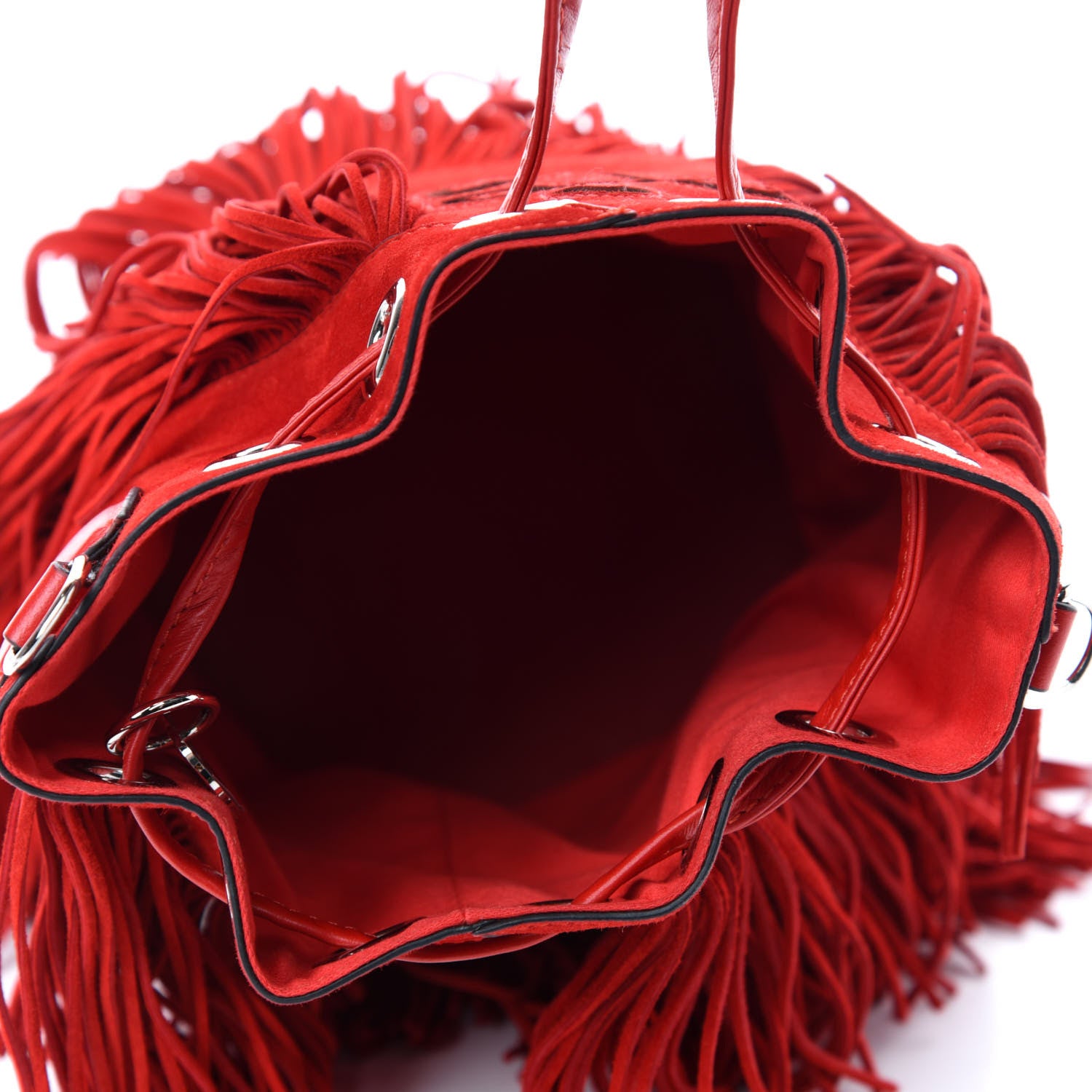 Christian Louboutin Suede Calfskin Fringe Marie Jane Bucket Red 5 of 10