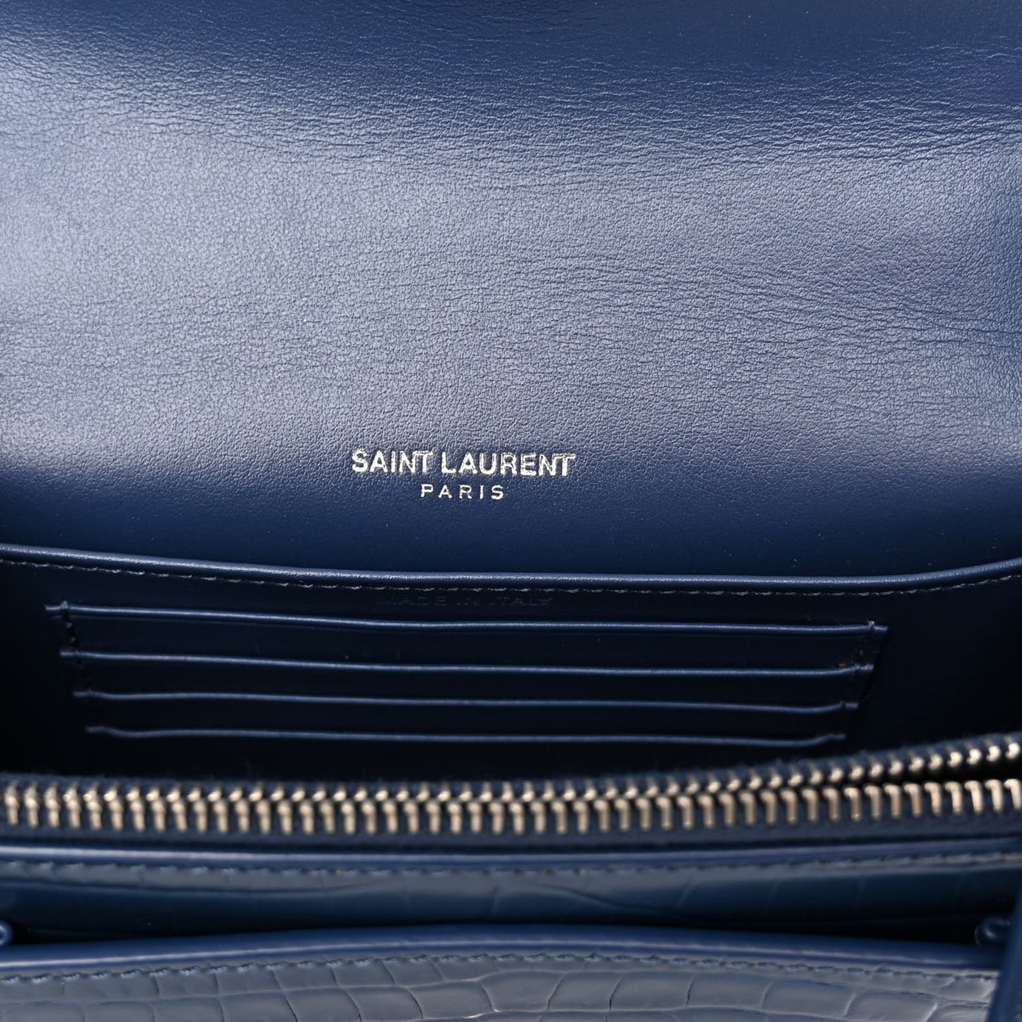 Calfskin Crocodile Embossed Monogram Sunset Chain Wallet Denim