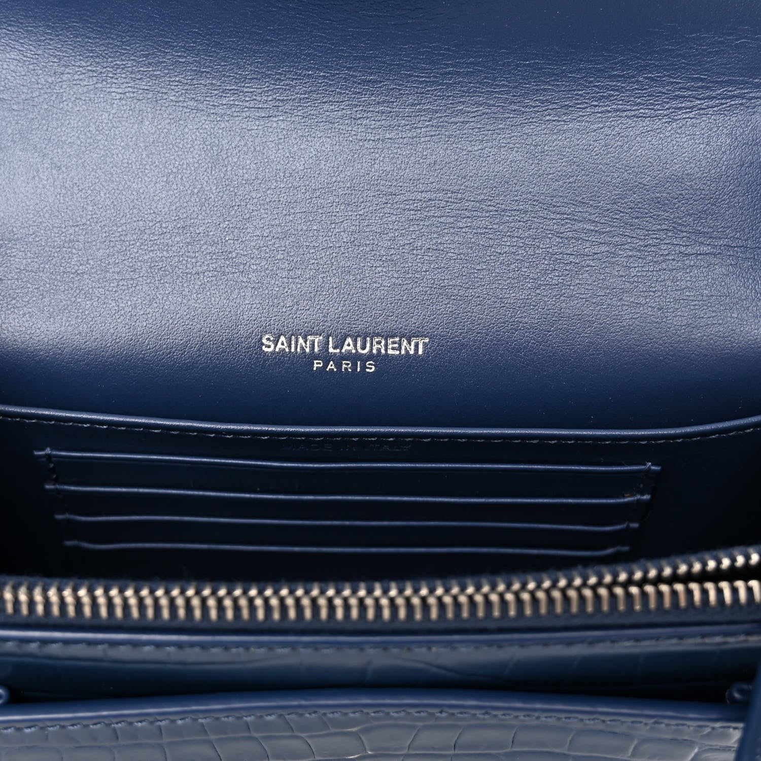 Saint Laurent Calfskin Crocodile Embossed Monogram Sunset Chain Wallet Denim 6 of 11