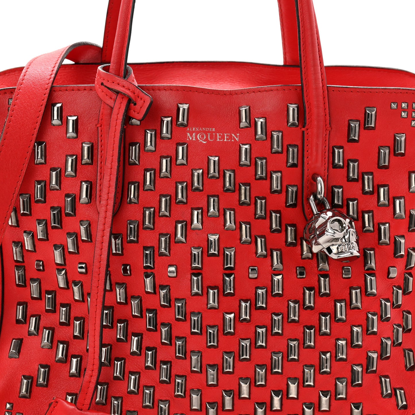 Calfskin Small Studded Padlock Zip Around Tote Red