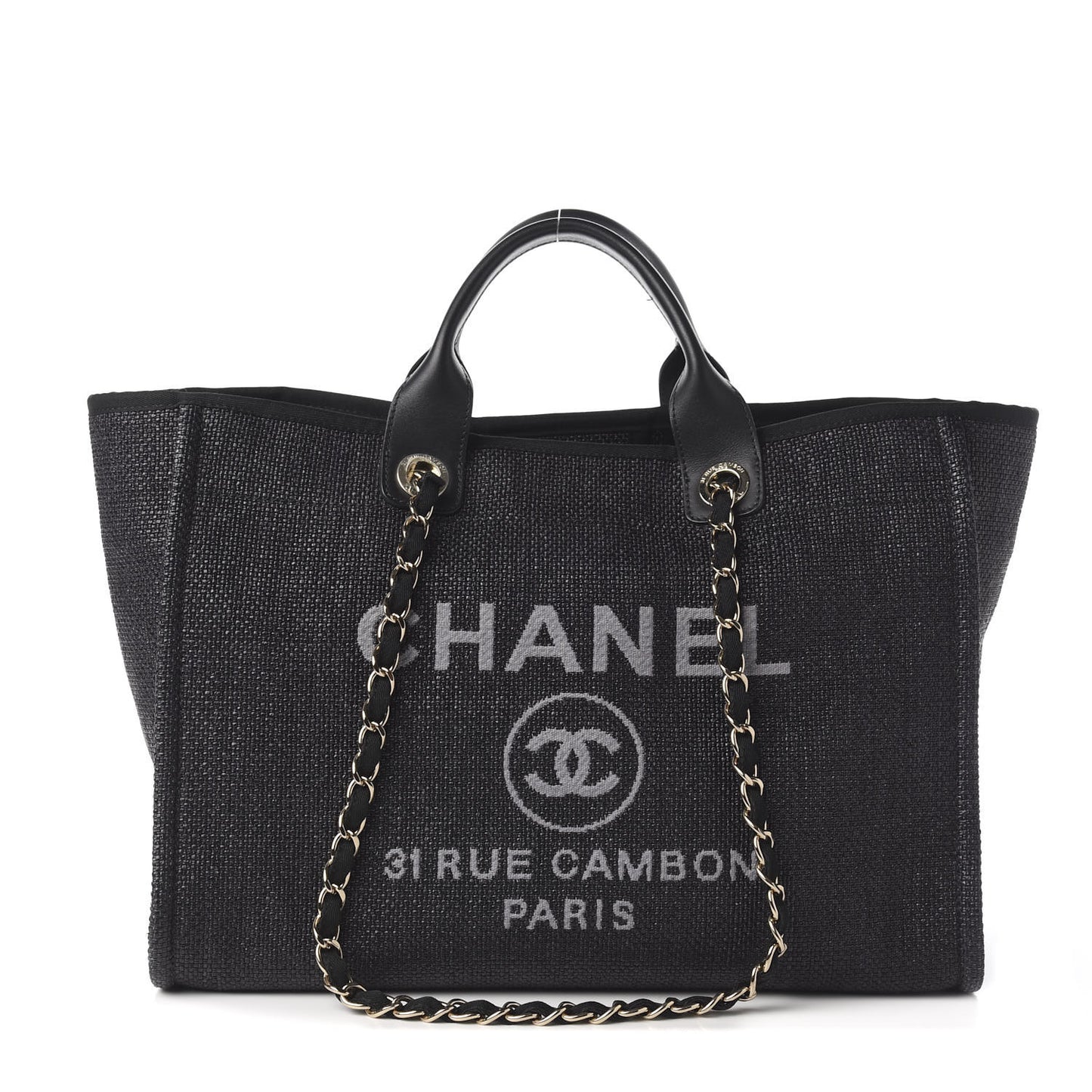 Woven Straw Raffia Medium Deauville Tote Black