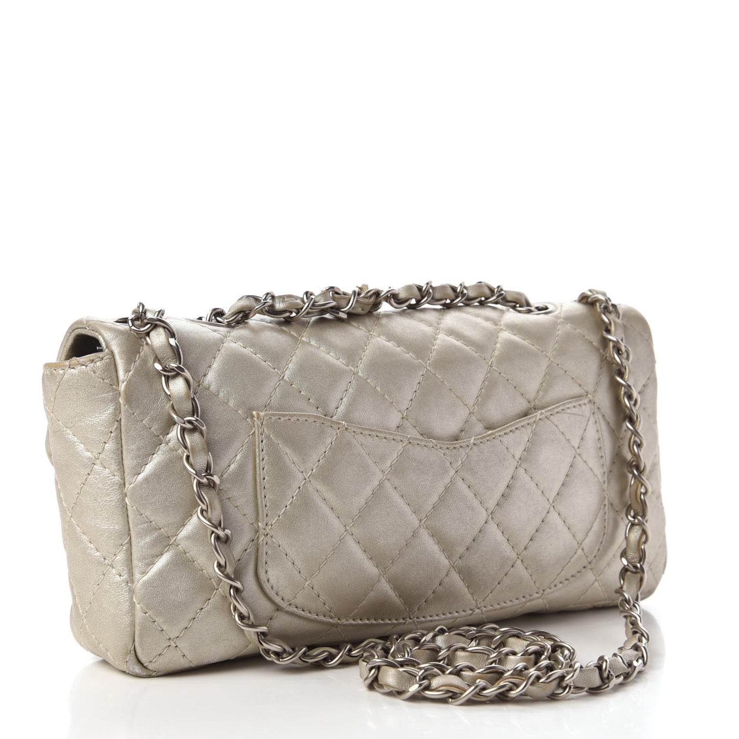 Metallic Lambskin Quilted East West Flap Silver