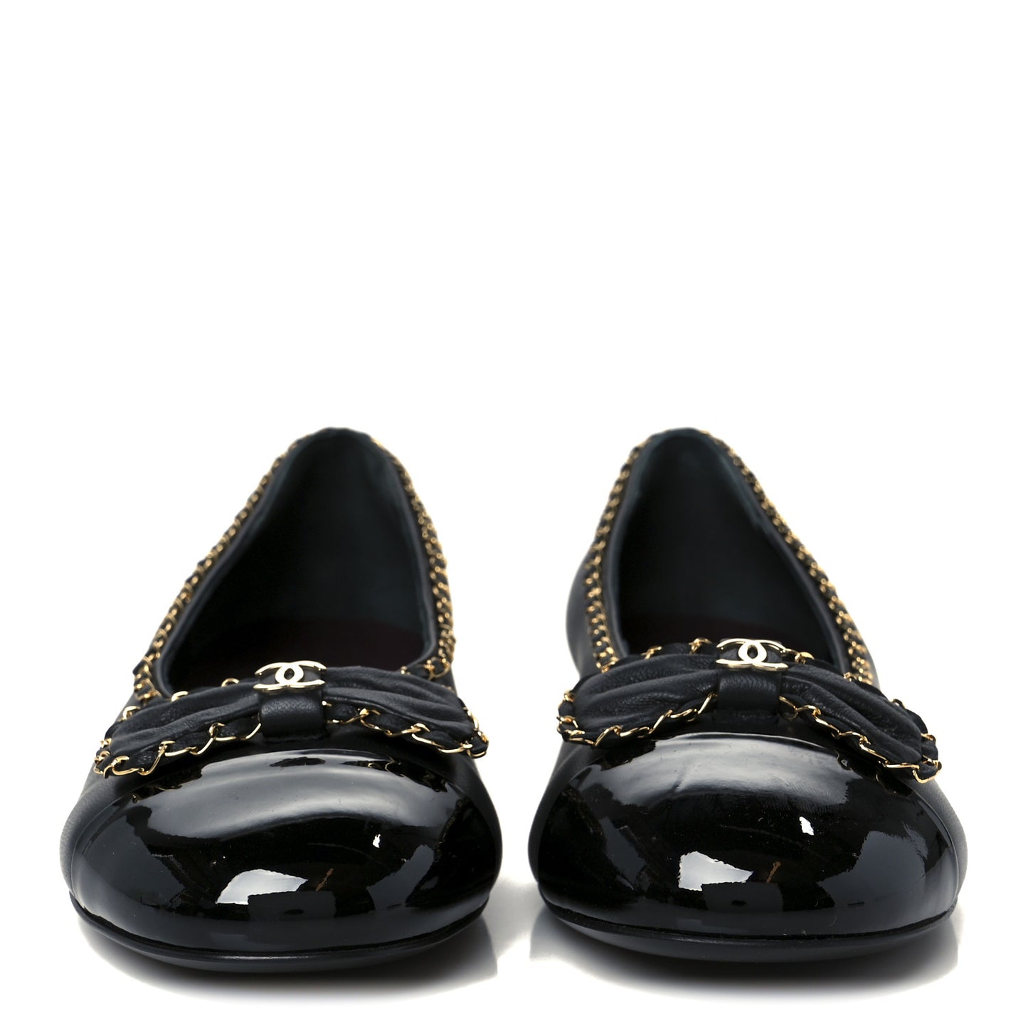 Lambskin Patent Cap Toe Chain Around Ballerina Flats 39.5 Black