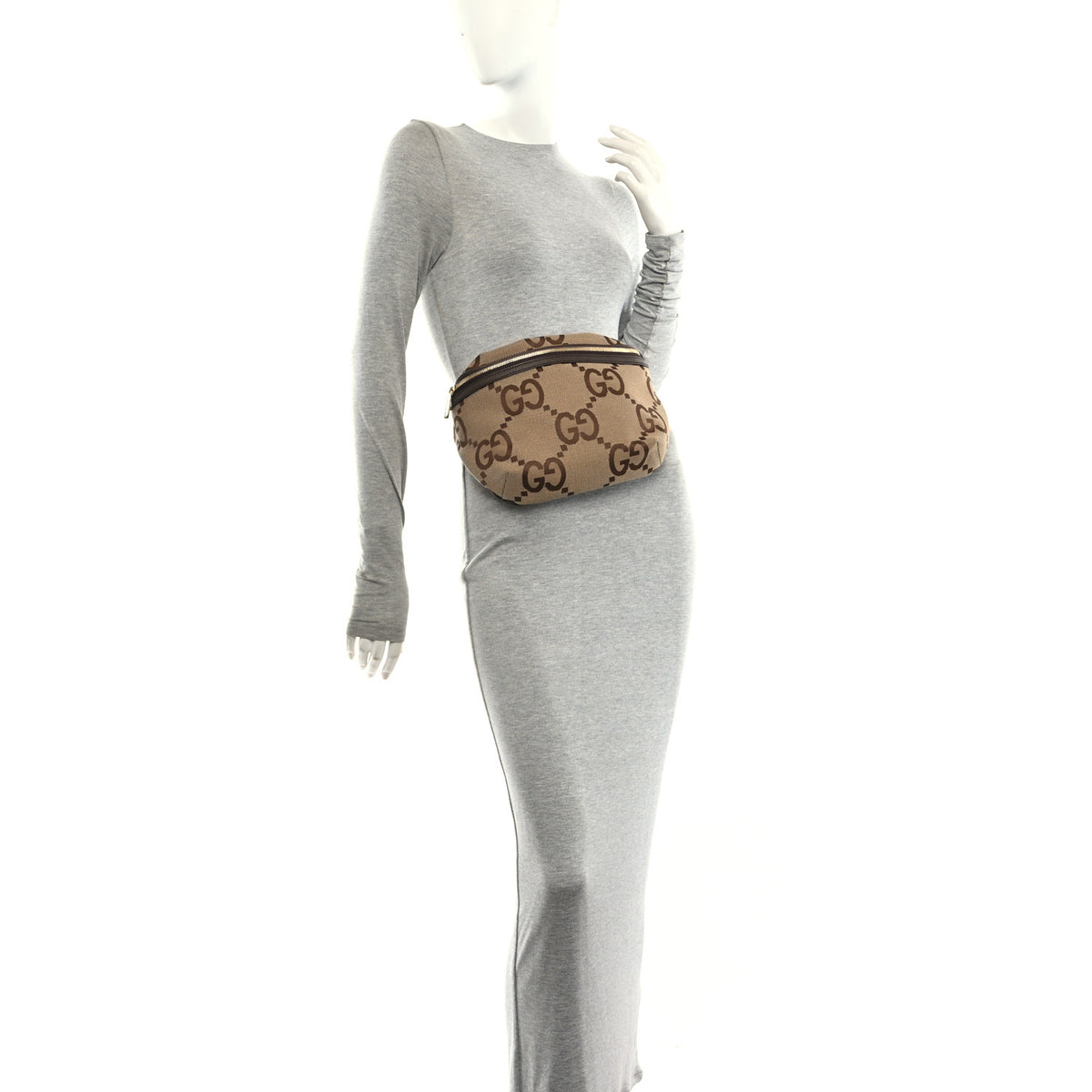Gucci Monogram Jumbo GG Textured Dollar Calfskin Web Belt Bag Camel Ebony New Acero 2 of 10