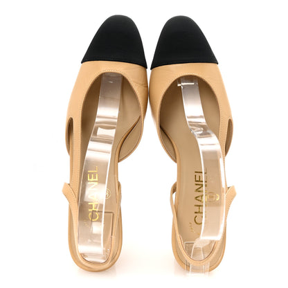 Chanel Goatskin Grosgrain Cap Toe CC Slingback Pumps 37 Beige Black 2 of 10