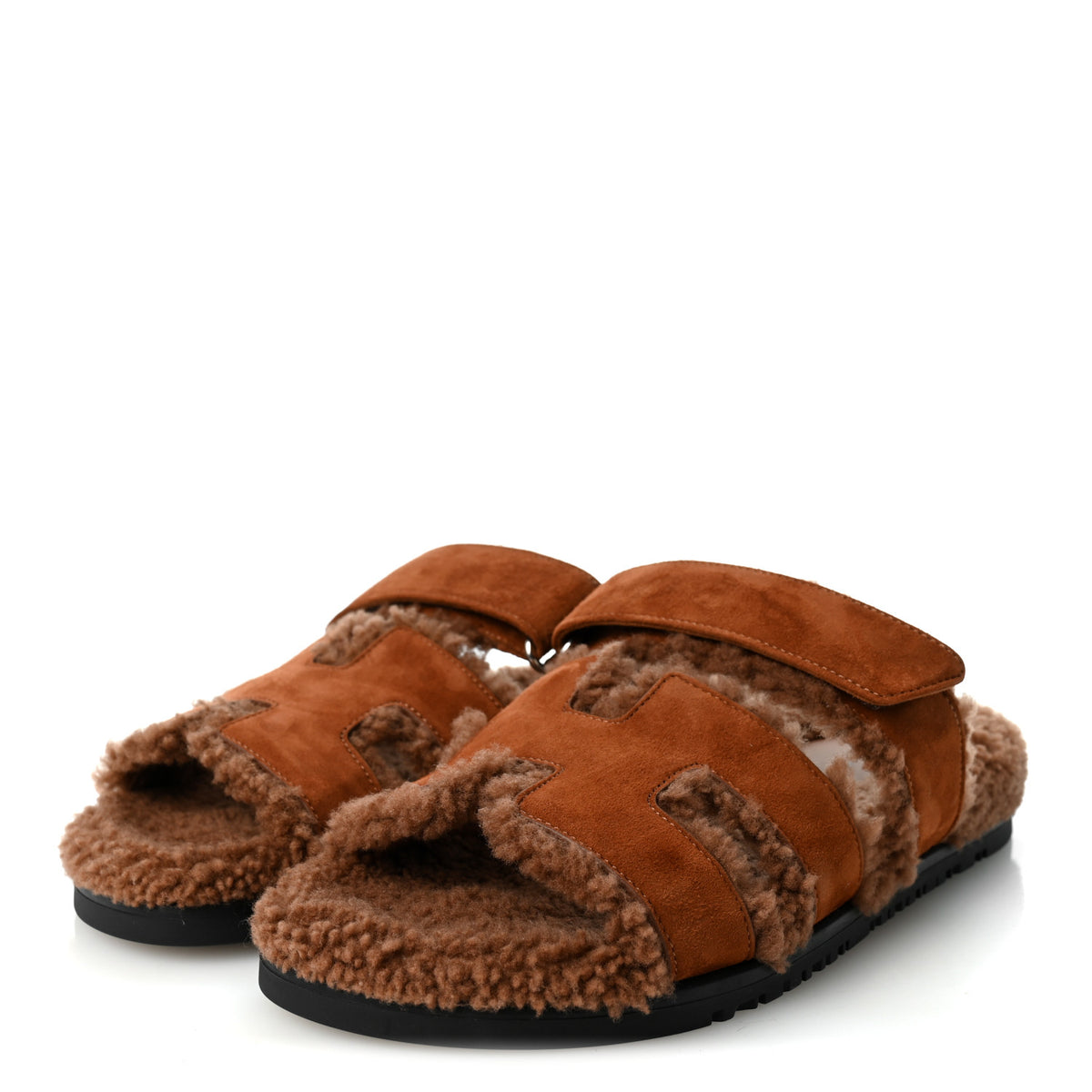 Hermes Suede Goatskin Shearling Womens Chypre Sandals 38.5 Gold 4 of 9