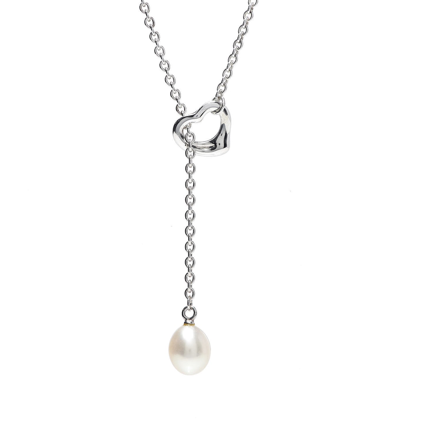 Sterling Silver Pearl 9-9.5mm Elsa Peretti Open Heart Lariat Necklace