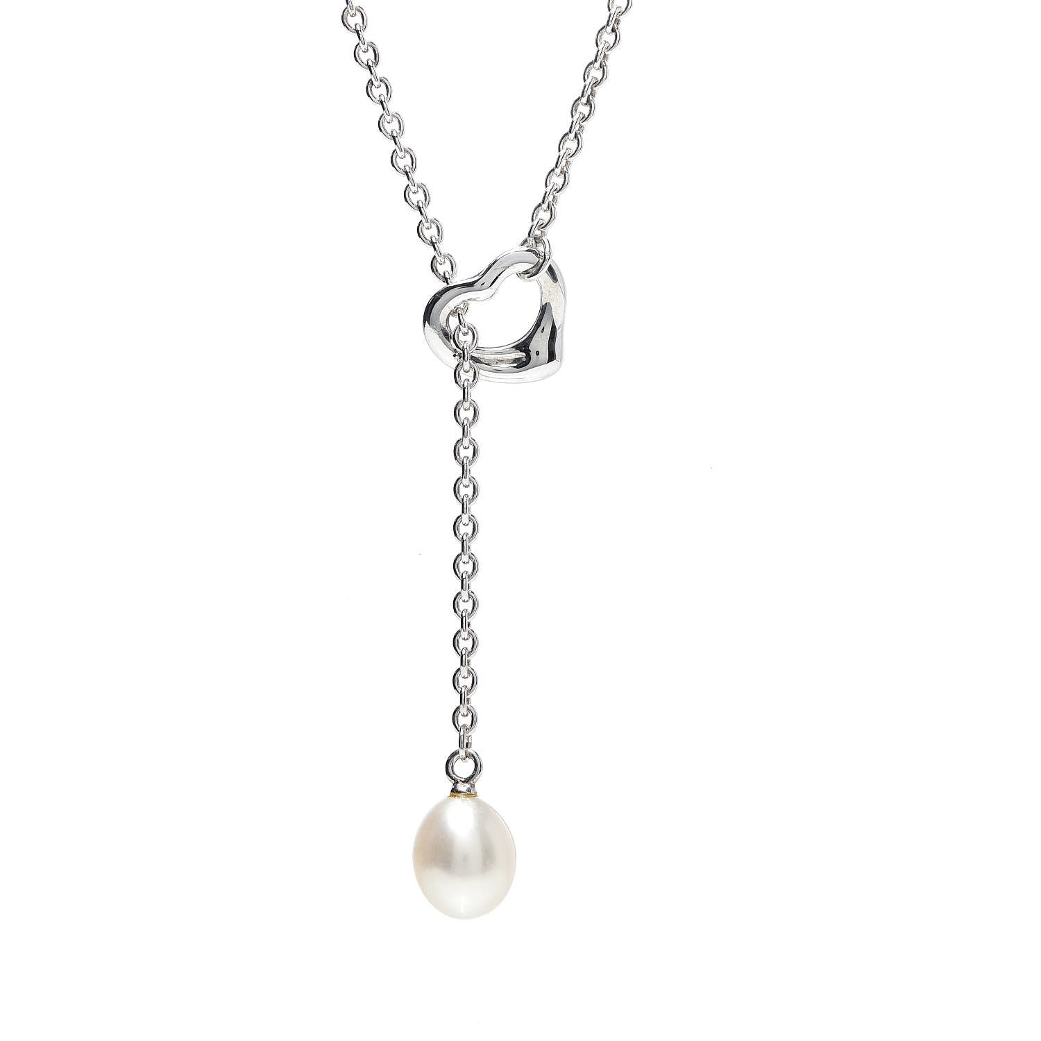 Tiffany Sterling Silver Pearl 9-9.5mm Elsa Peretti Open Heart Lariat Necklace 4 of 9