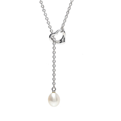 Tiffany Sterling Silver Pearl 9-9.5mm Elsa Peretti Open Heart Lariat Necklace 4 of 9