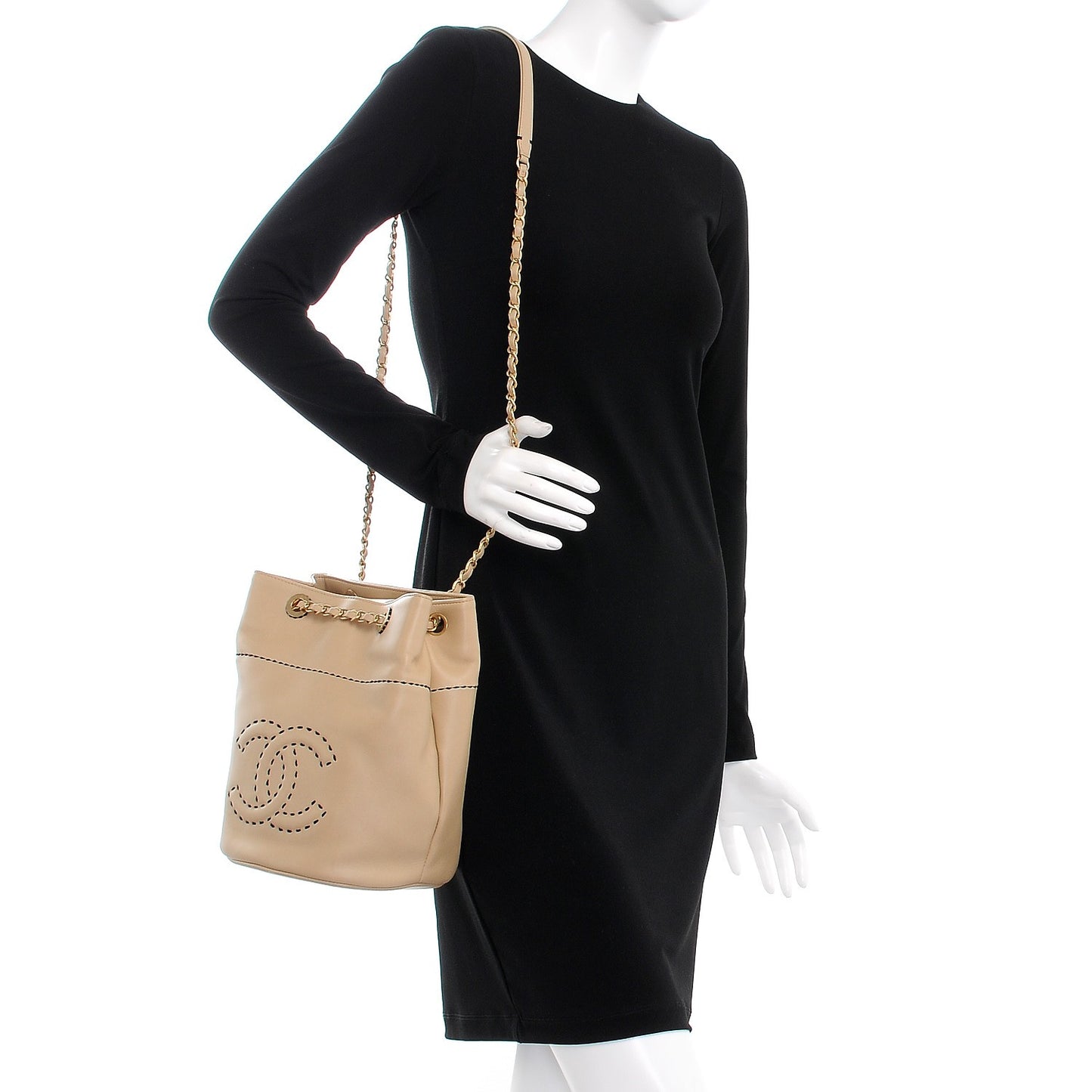 Lambskin CC Stitched Drawstring Bucket Bag Beige