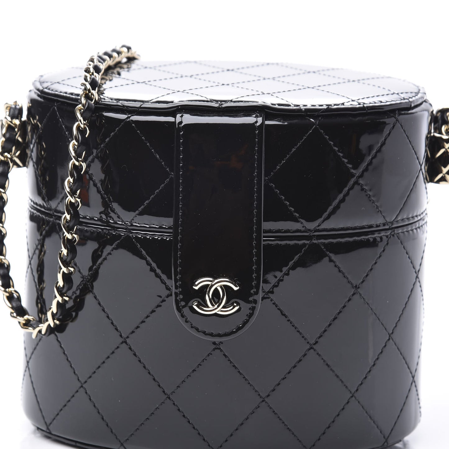 Patent Quilted Round Clutch With Chain Black