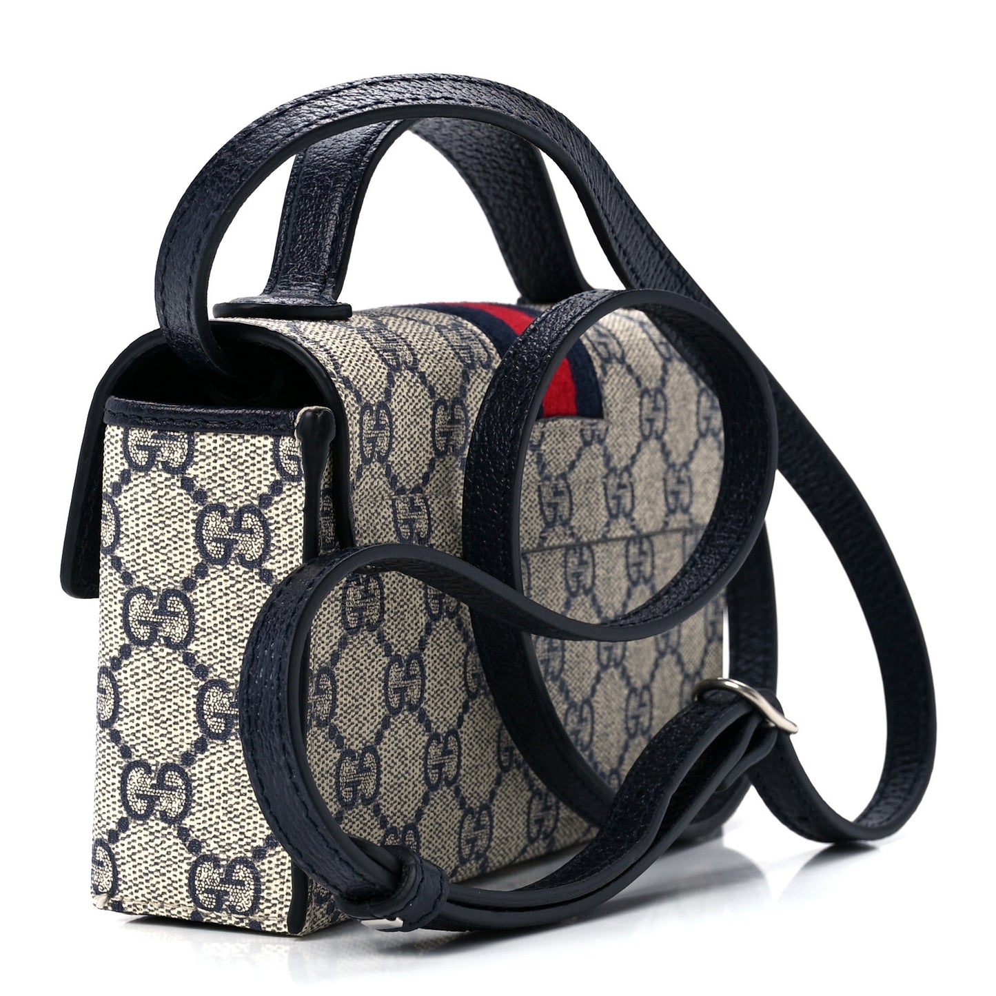 GG Supreme Monogram Textured Dollar Calfskin Web Mini Padlock Top Handle Shoulder Bag Beige Blue