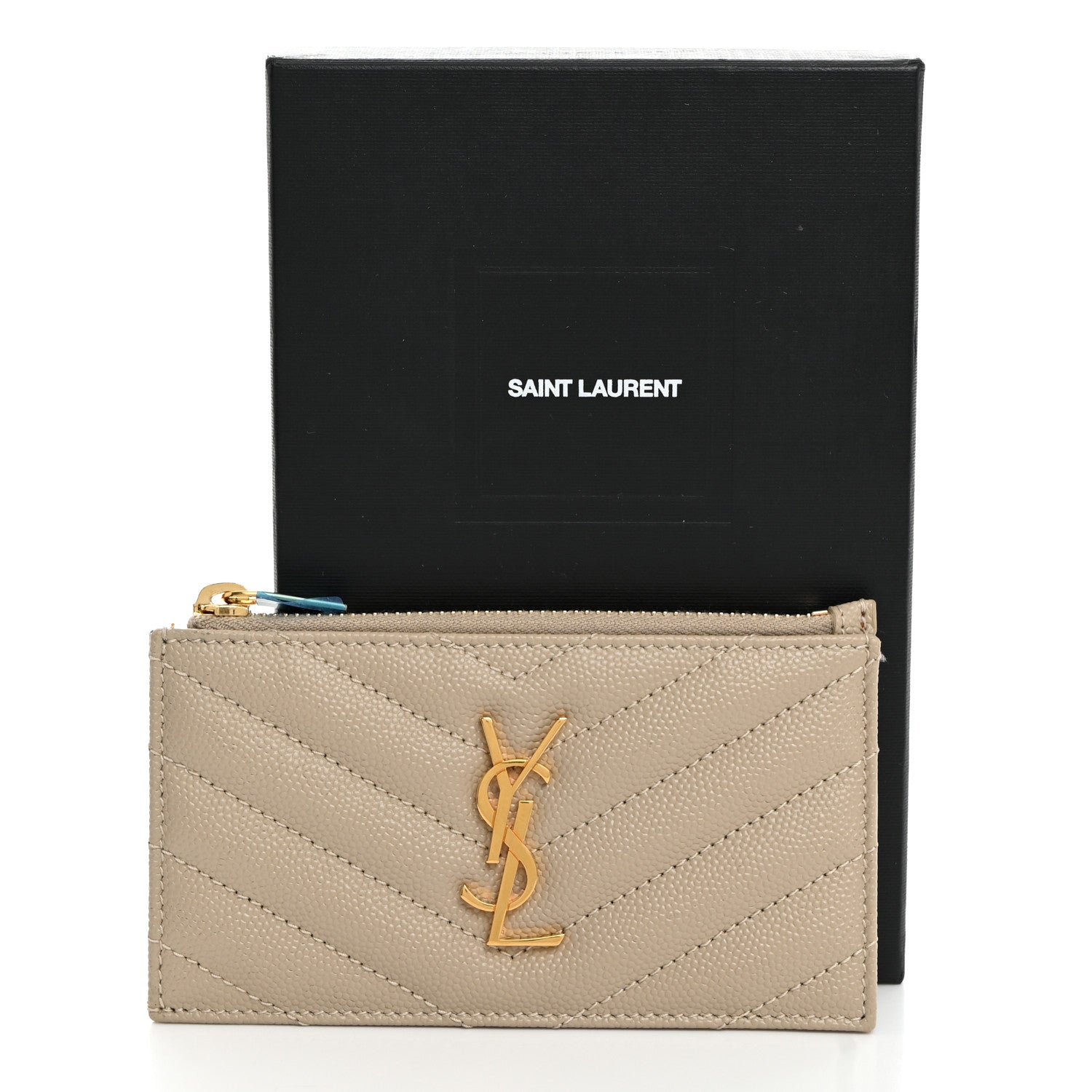 Saint Laurent Grain De Poudre Matelasse Chevron Monogram Fragments Zippered Card Case Sea Salt 8 of 8