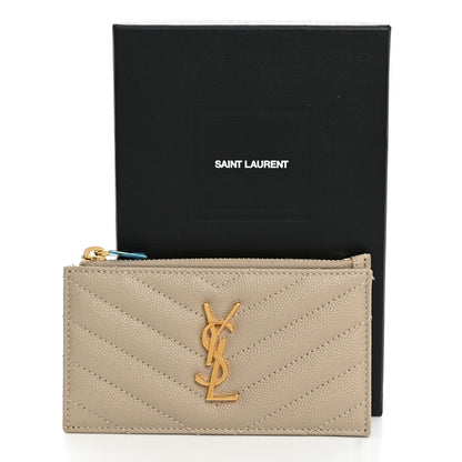 Saint Laurent Grain De Poudre Matelasse Chevron Monogram Fragments Zippered Card Case Sea Salt 8 of 8