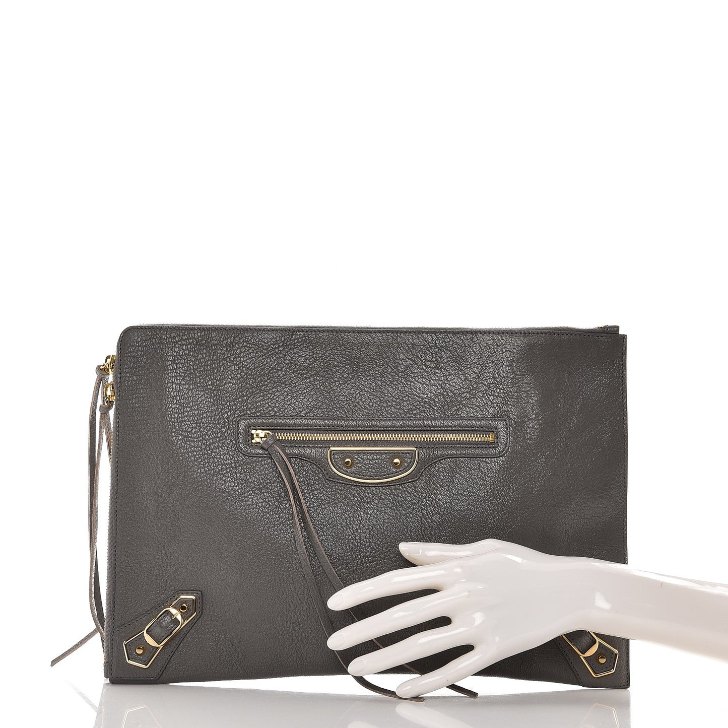 Chevre Gold Metallic Edge Hardware Pouch Gris Acier