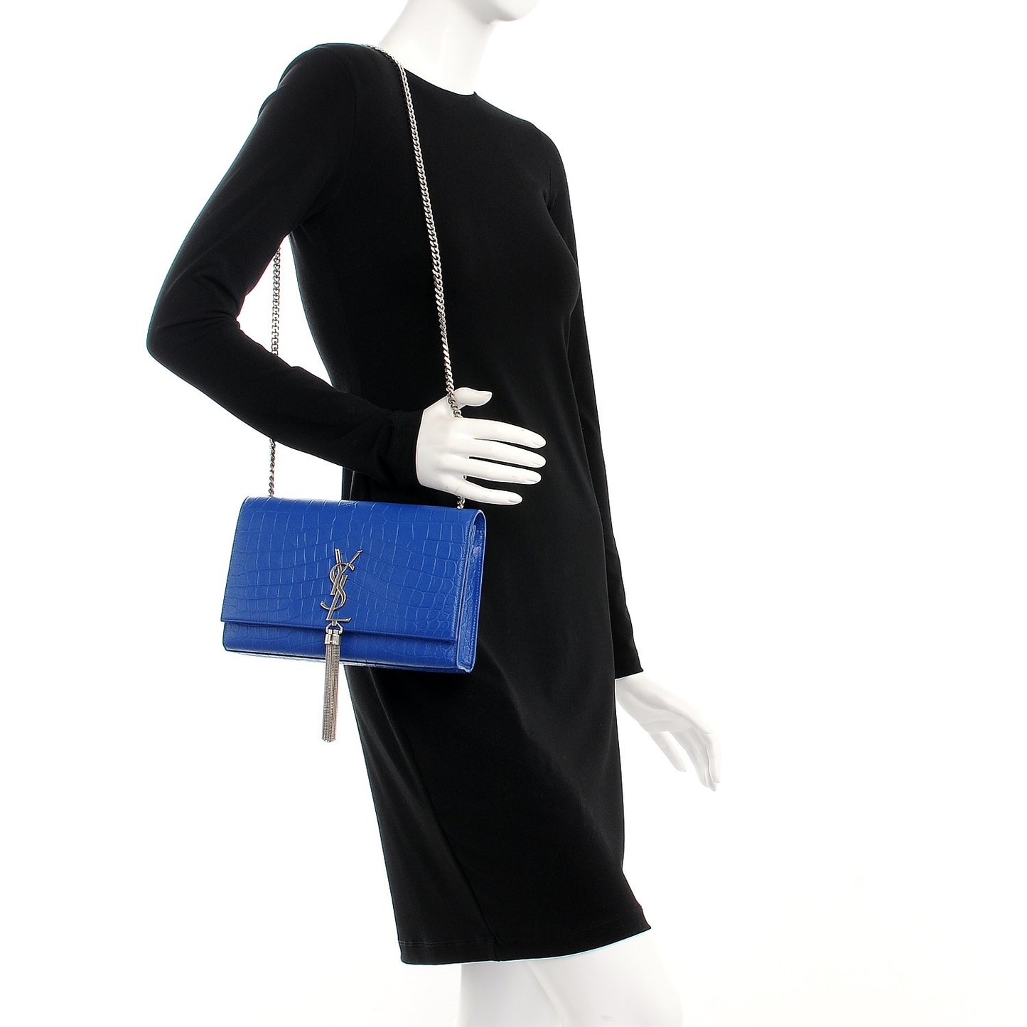 Calfskin Crocodile Embossed Medium Classic Monogram Kate Tassel Satchel Bleu Majorelle