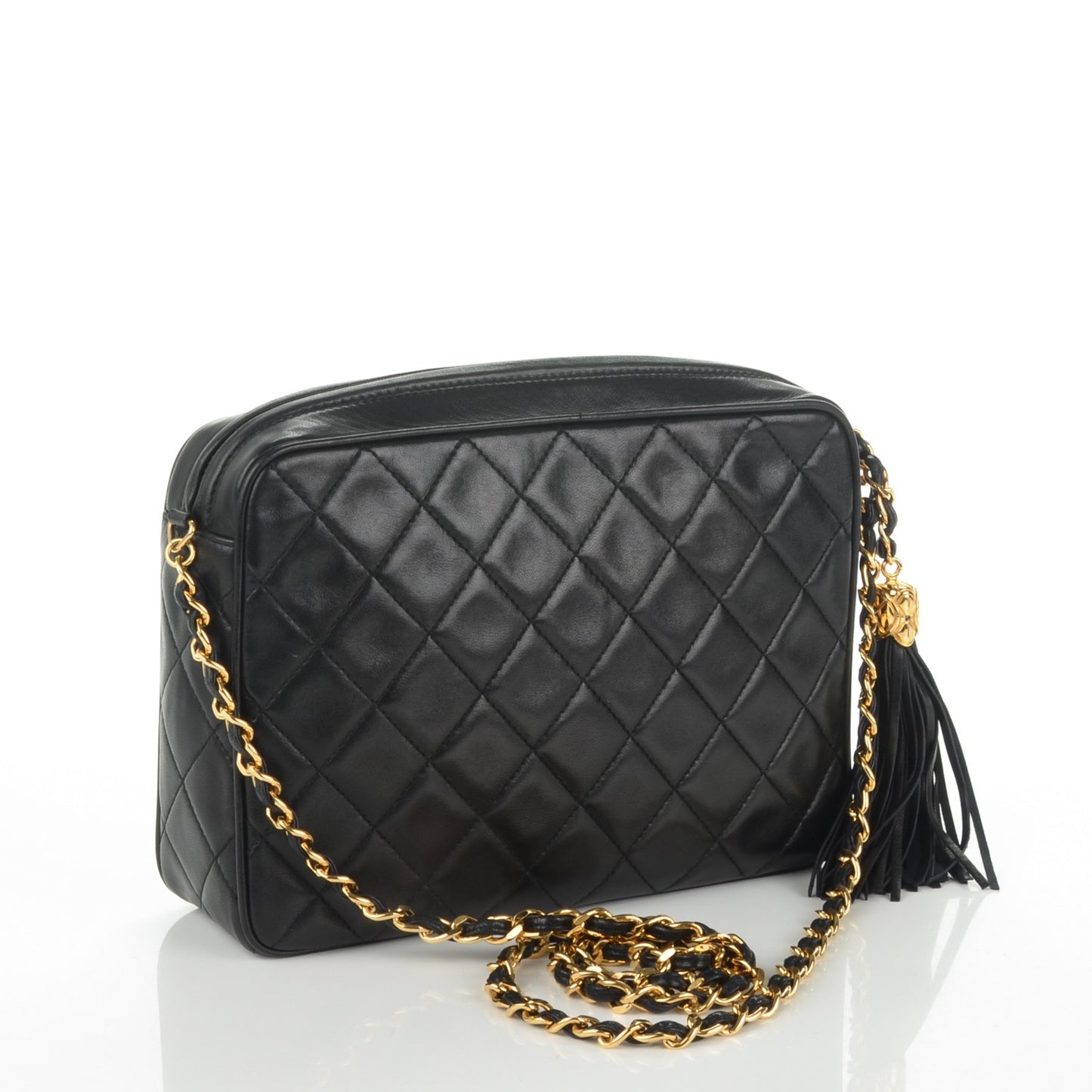 Lambskin Quilted Tassel Camera Case Black