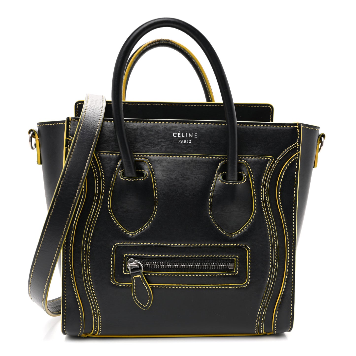 Satin Calfskin Nano Debossed Luggage Black Yellow