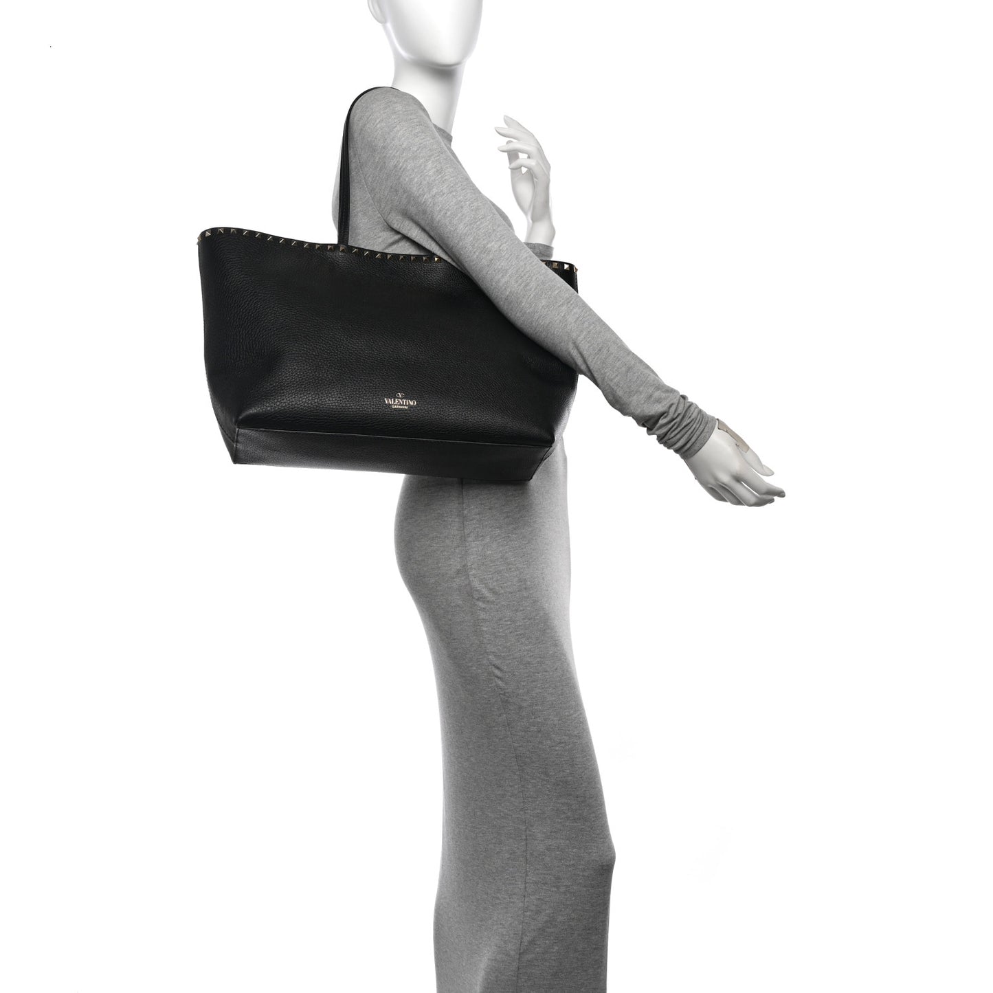 Grained Calfskin Rockstud Shoulder Tote Black