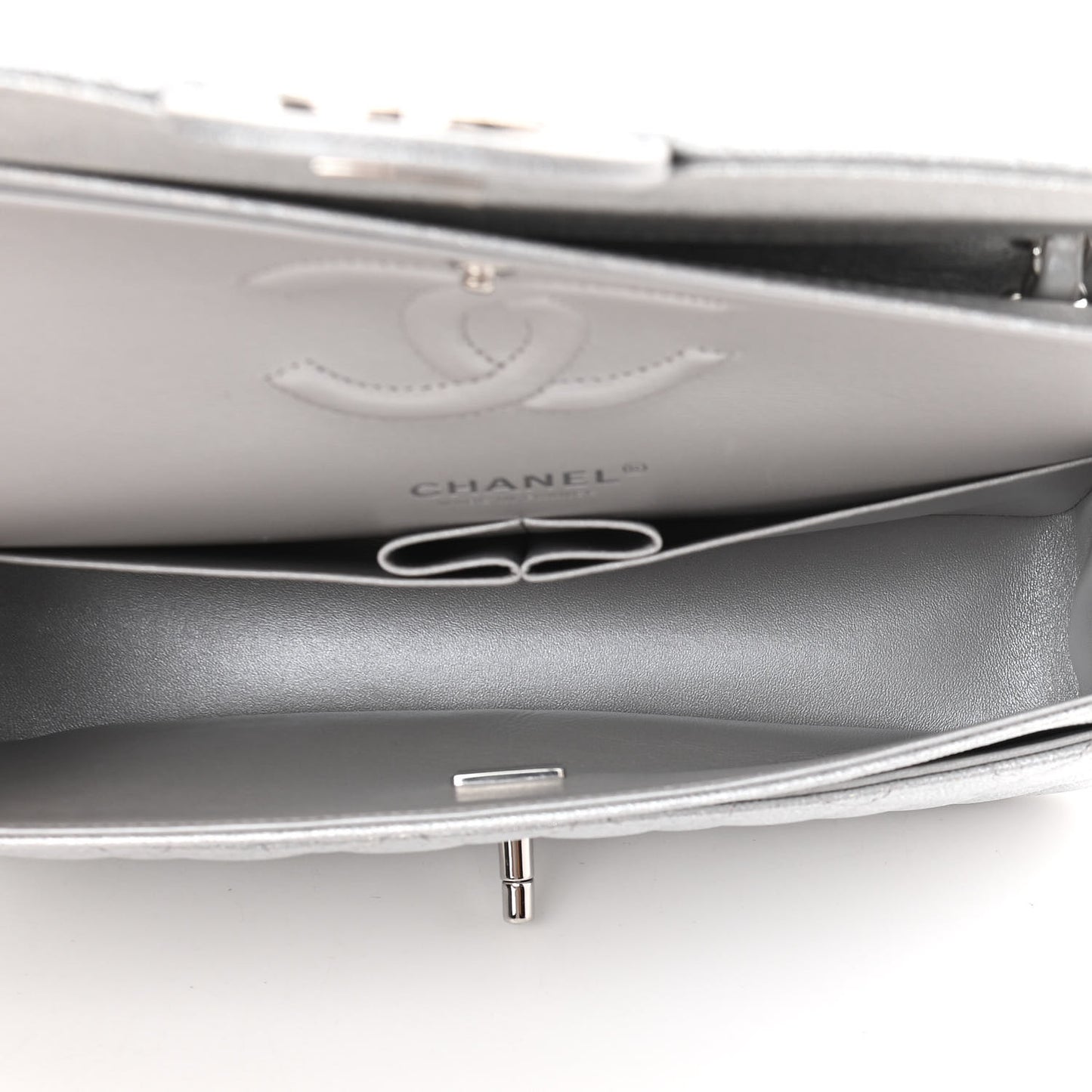 Glittered Metallic Caviar Quilted Medium Double Flap Silver