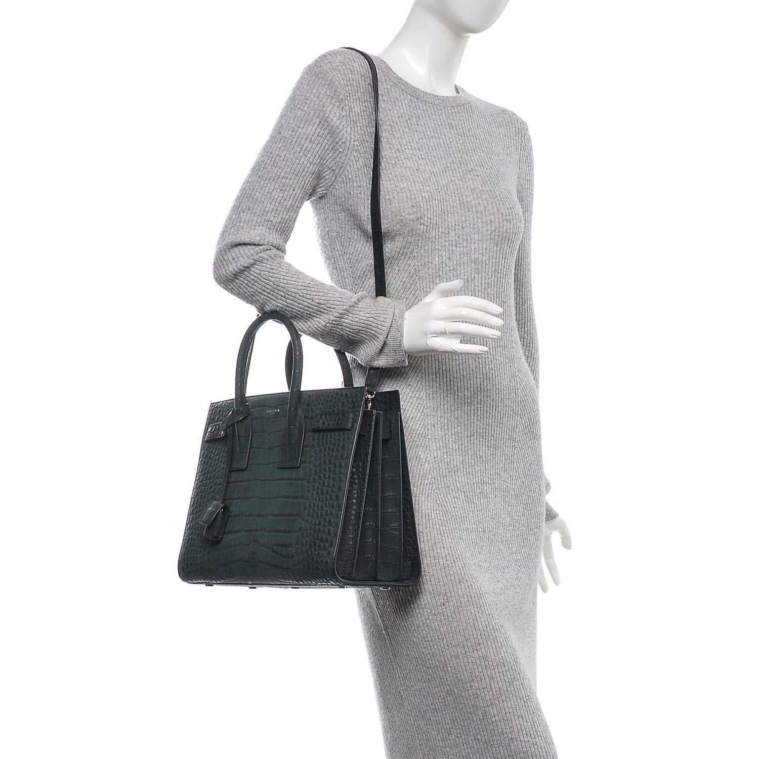 Saint Laurent Calfskin Crocodile Embossed Small Sac de Jour Dusty Black 2 of 7