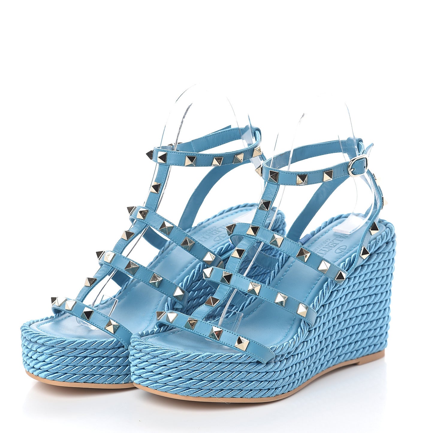 Calfskin Rockstud Ankle Strap Torchon Espadrille Caged 25/90mm Wedge Sandals 37 Cerulean