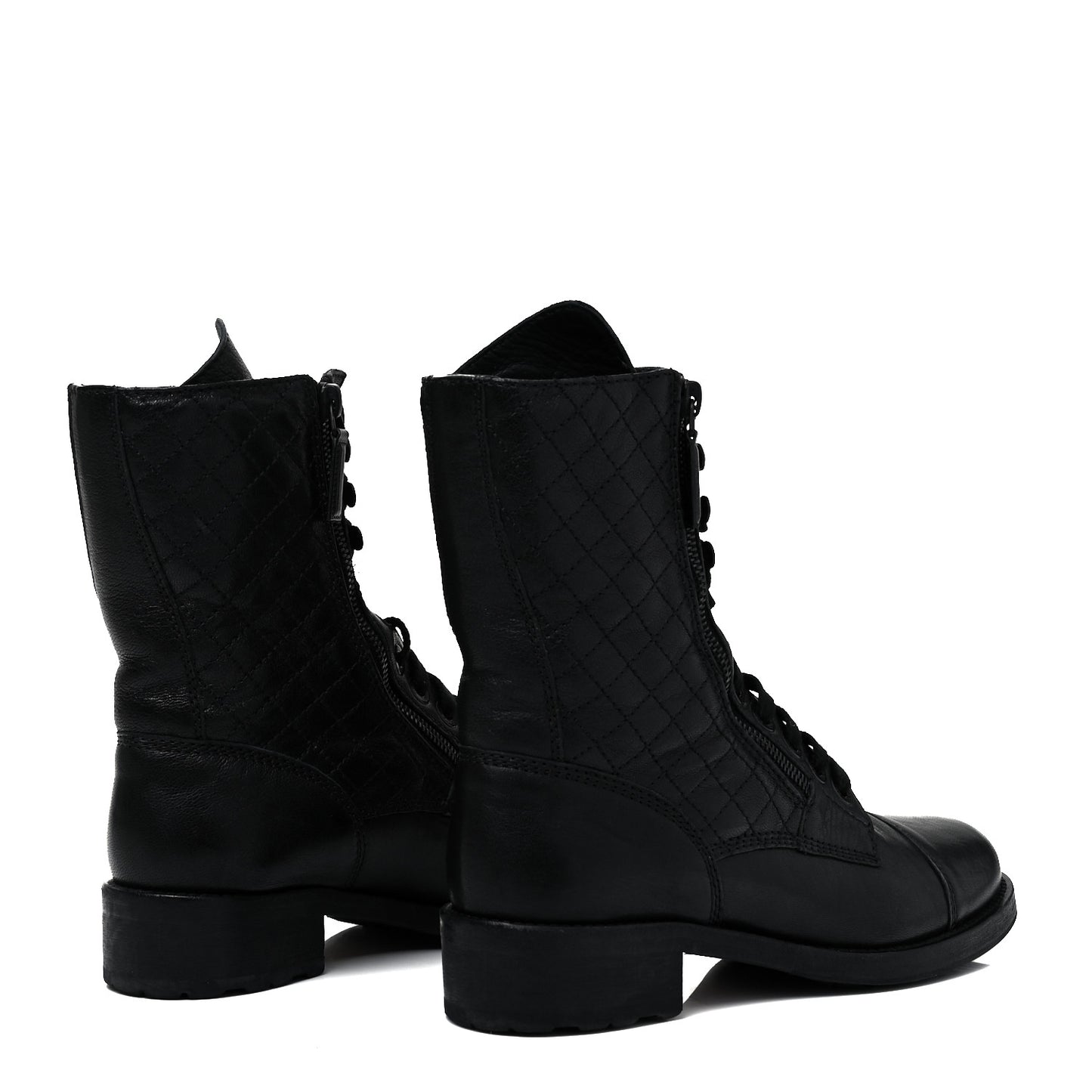 Calfskin Quilted Lace Up Combat Boots 39 Black