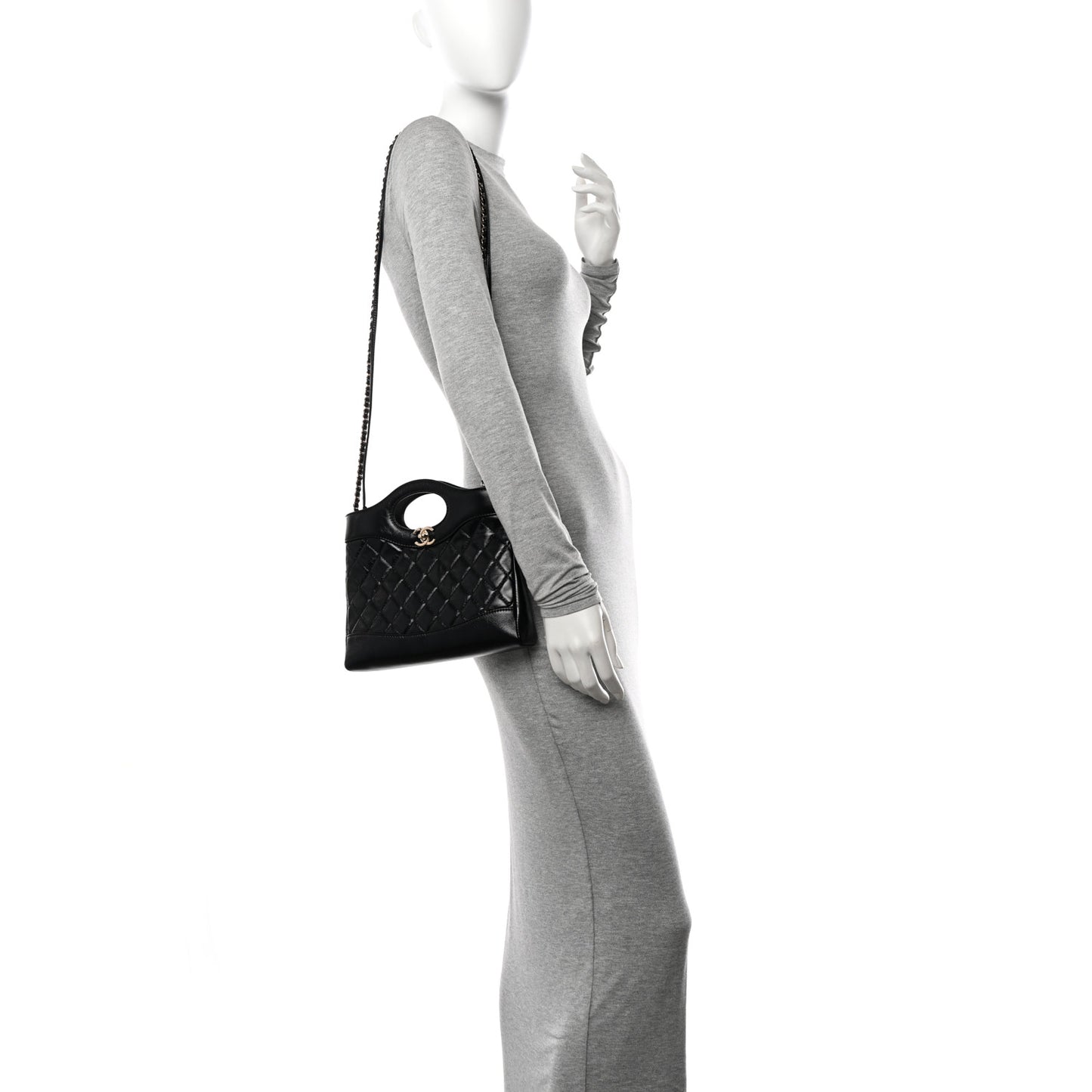 Shiny Crumpled Calfskin Quilted Mini 31 Shopping Bag Black