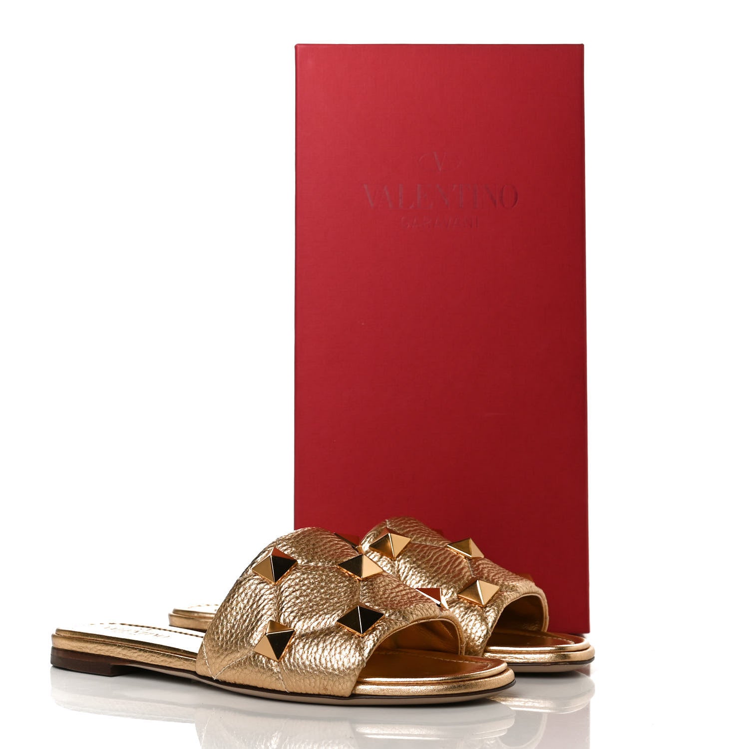 Valentino Garavani Metallic Pebbled Calfskin Roman Stud Flat Slide Sandals 36 Antique Brass 12 of 12