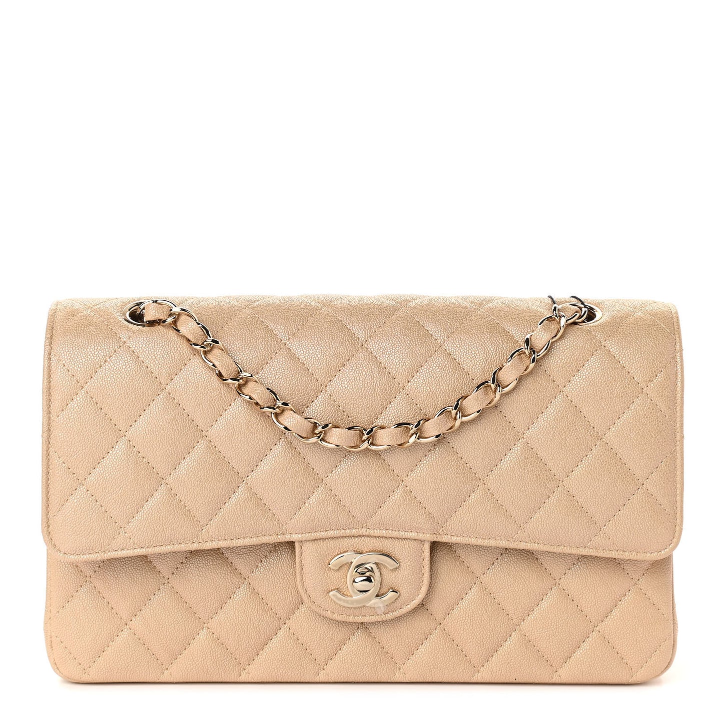 Iridescent Caviar Quilted Medium Double Flap Beige