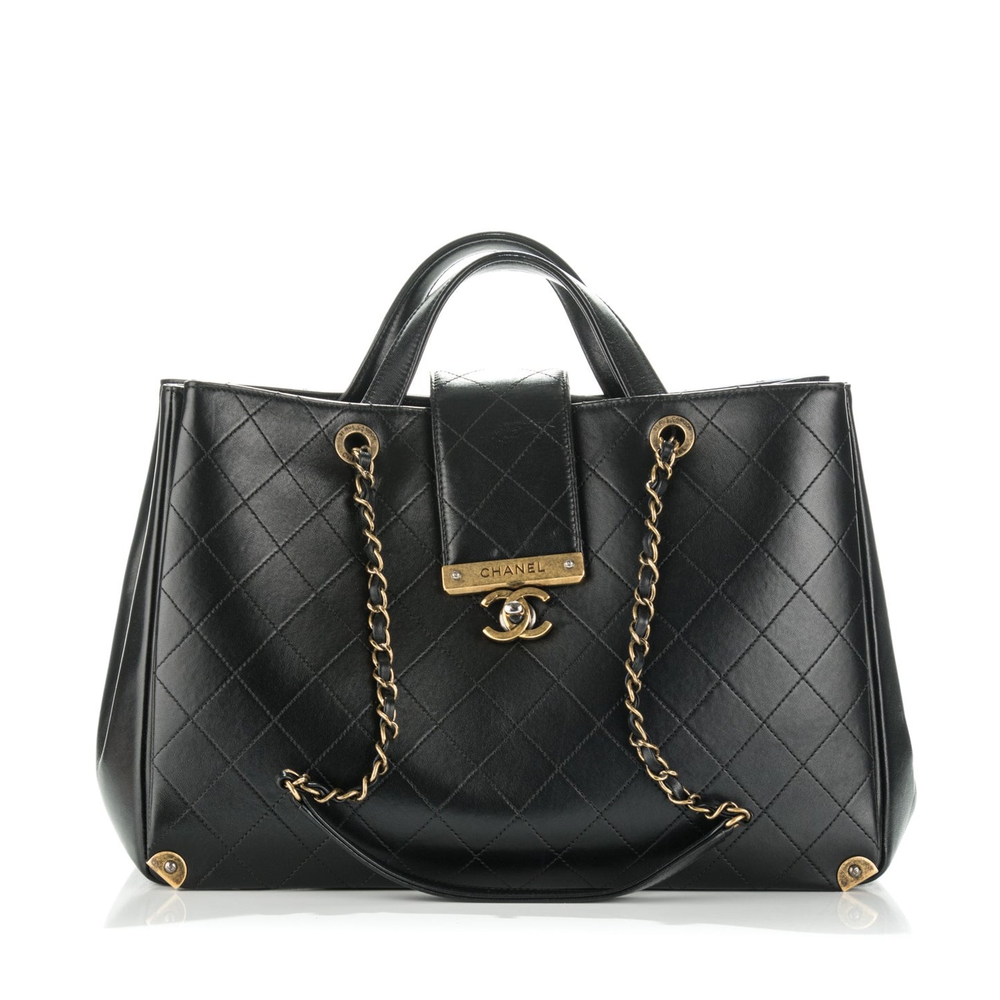 Lambskin Stitched Large Around The Corner Shopping Tote Black